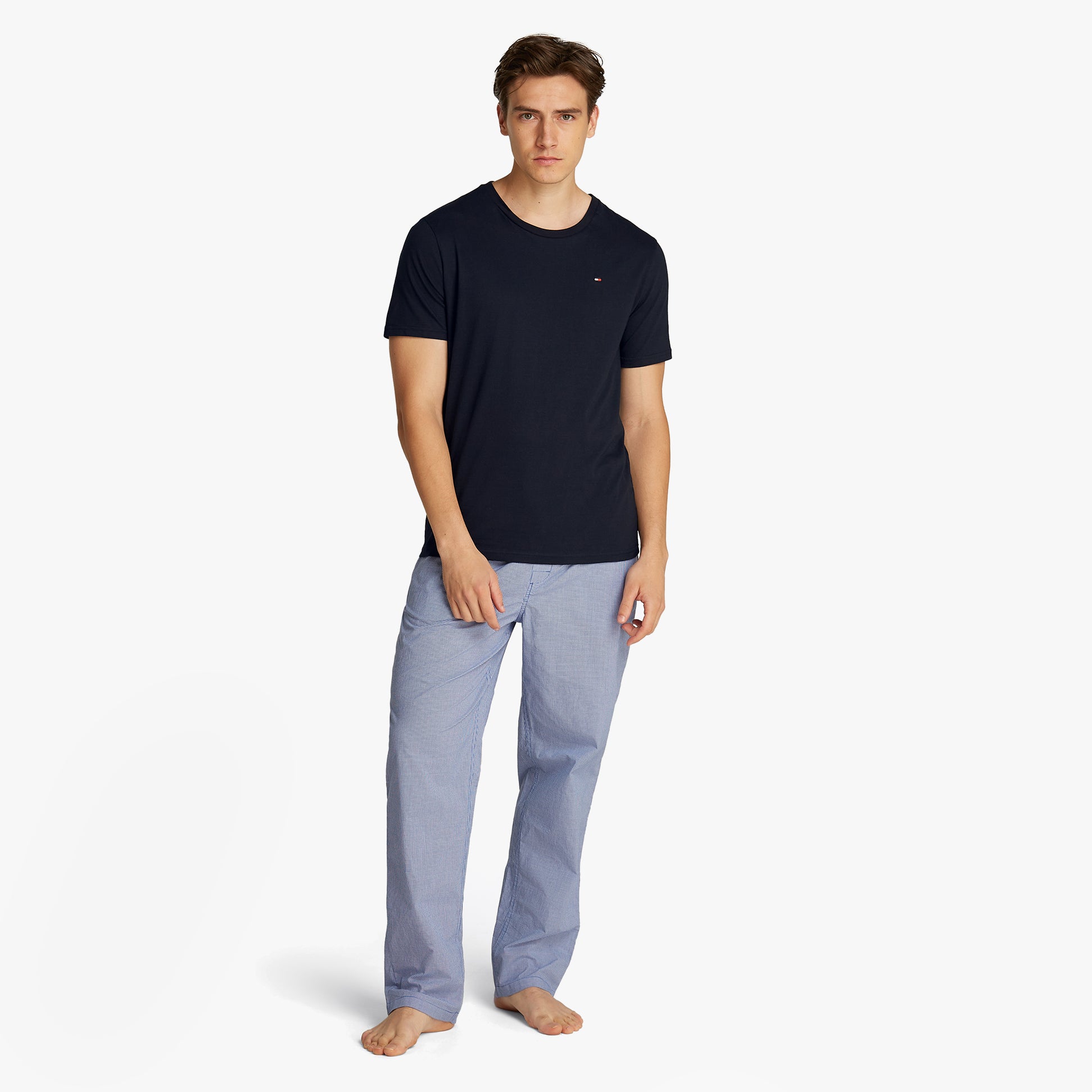 Tommy Hilfiger PURE COTTON 3 Pack Mens T-Shirts Desert Sky front view model wearing short sleeve t-shirt in navy.