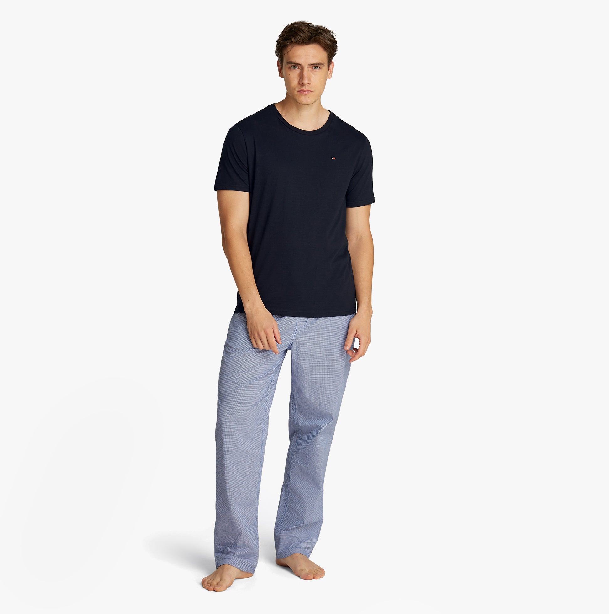 Tommy Hilfiger PURE COTTON 3 Pack Mens T-Shirts Desert Sky front view model wearing short sleeve t-shirt in navy.