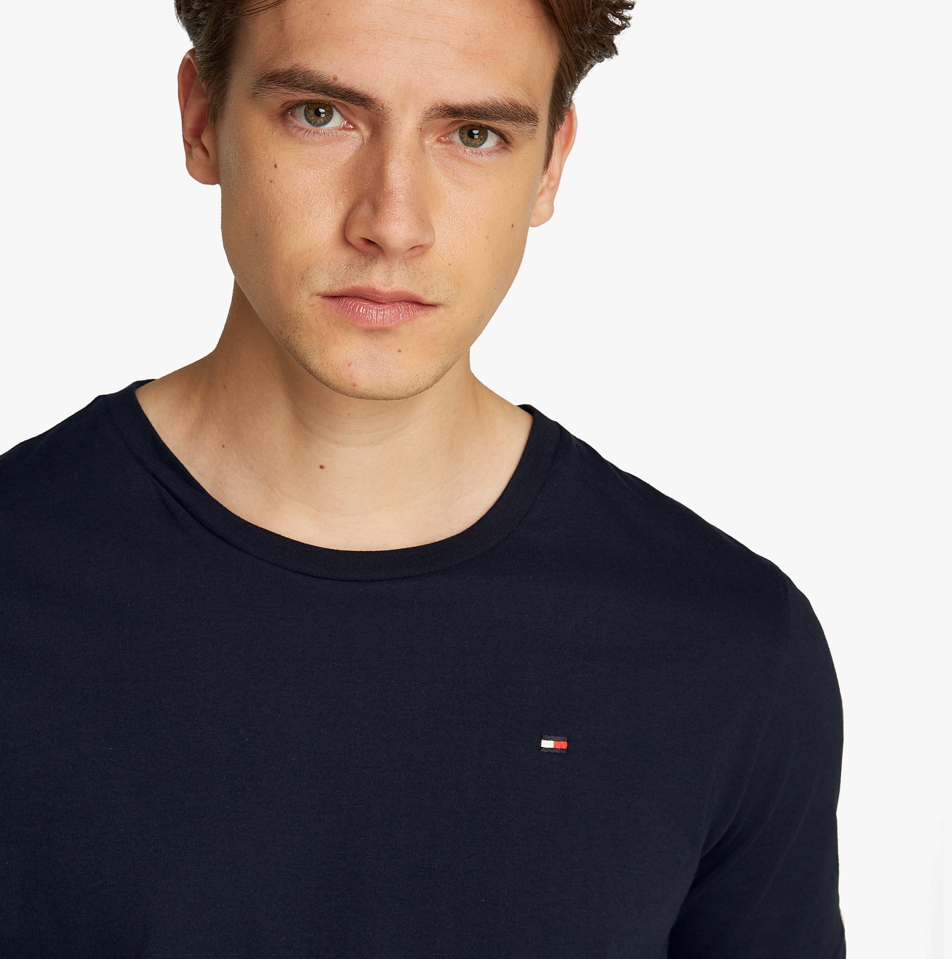 Tommy Hilfiger PURE COTTON 3 Pack Mens T-Shirts Desert Sky front view model wearing short-sleeve crew neck T-shirt.