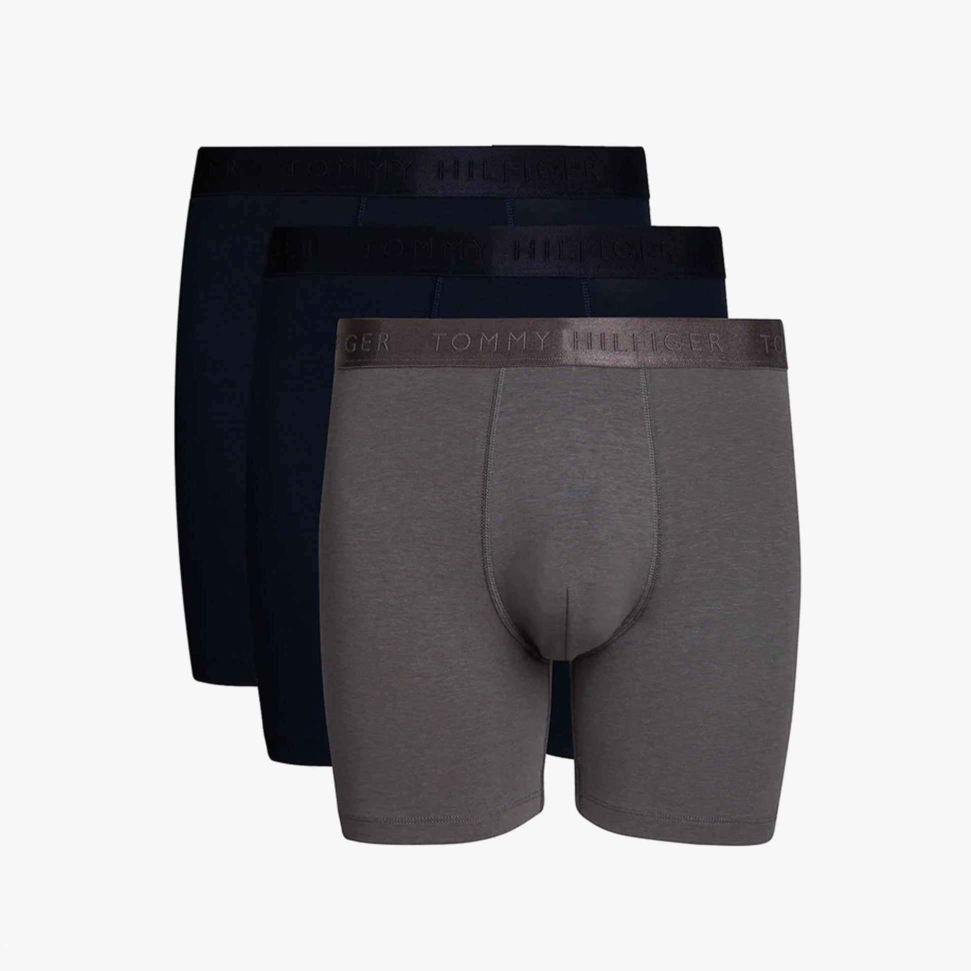 Tommy Hilfiger EVERYDAY LUXE Mens 3 -Pack Boxer Briefs Multicoloured showing front view of boxer briefs in grey and navy.