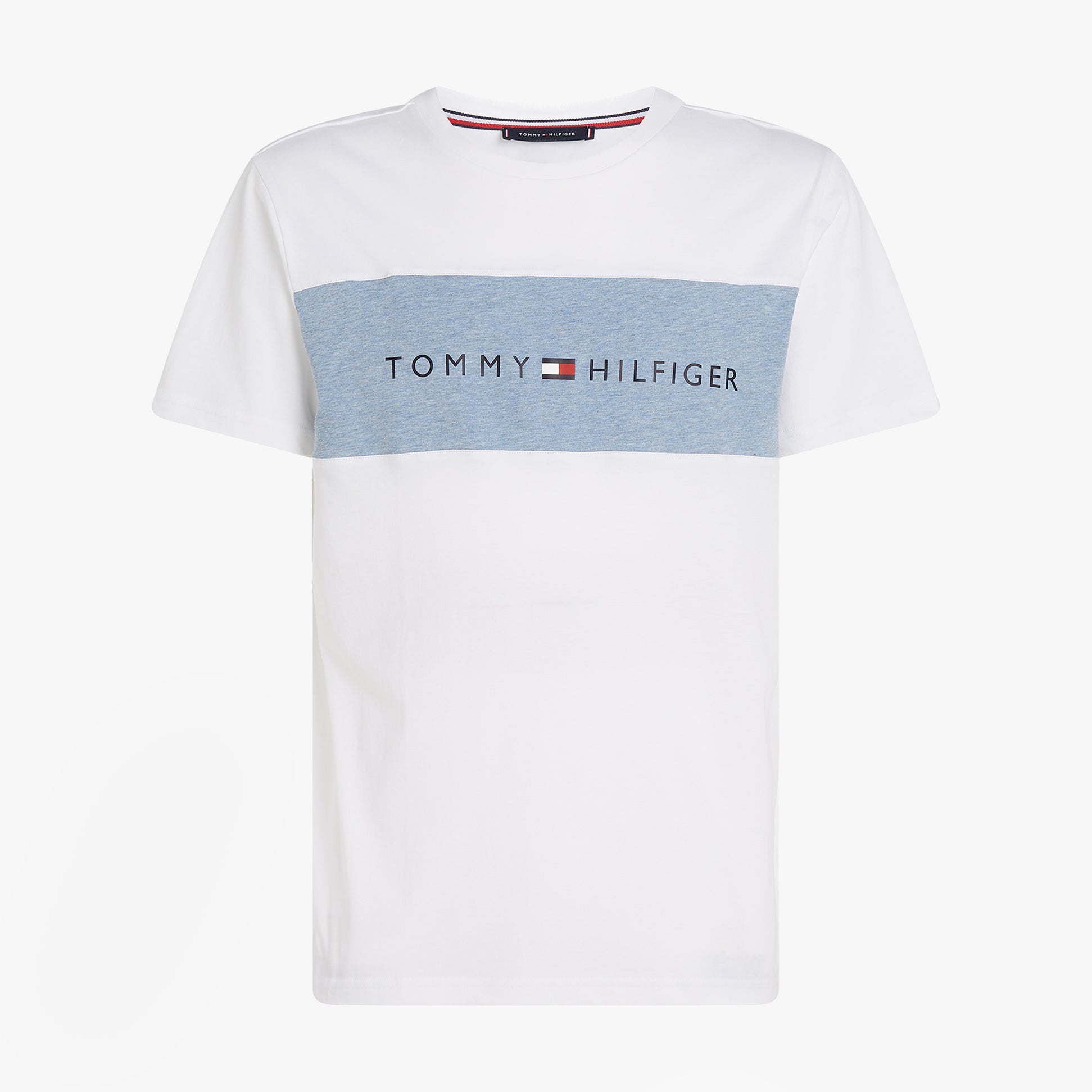 Tommy Hilfiger COLOUR BLOCKED Mens T-Shirt Optic White front view featuring blue panel and logo