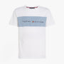 Tommy Hilfiger COLOUR BLOCKED Mens T-Shirt Optic White front view featuring blue panel and logo