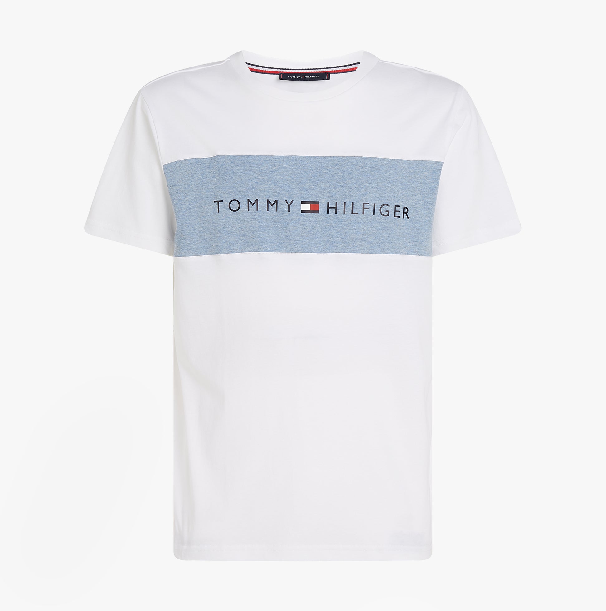 Tommy Hilfiger COLOUR BLOCKED Mens T-Shirt Optic White front view featuring blue panel and logo