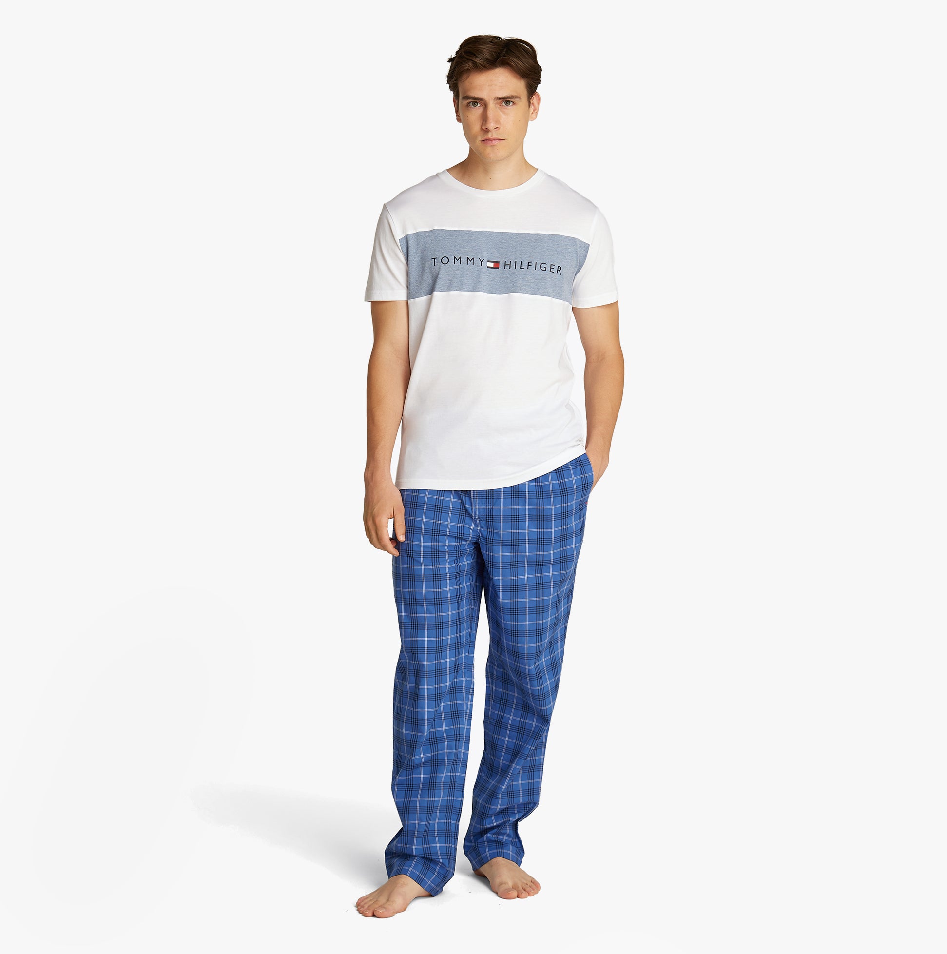 Tommy Hilfiger COLOUR BLOCKED Mens T-Shirt Optic White front view, model wearing with blue plaid pants.
