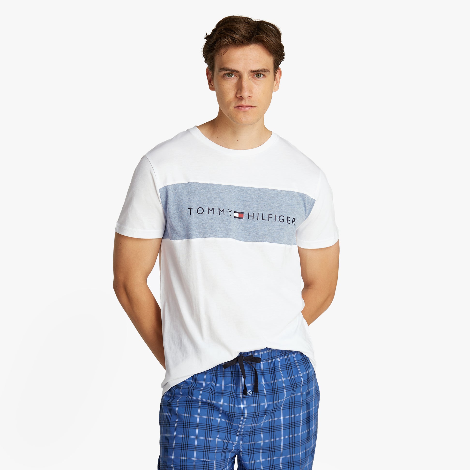 Tommy Hilfiger COLOUR BLOCKED Mens T-Shirt Optic White front view, featuring colour-blocked panel and TH logo.