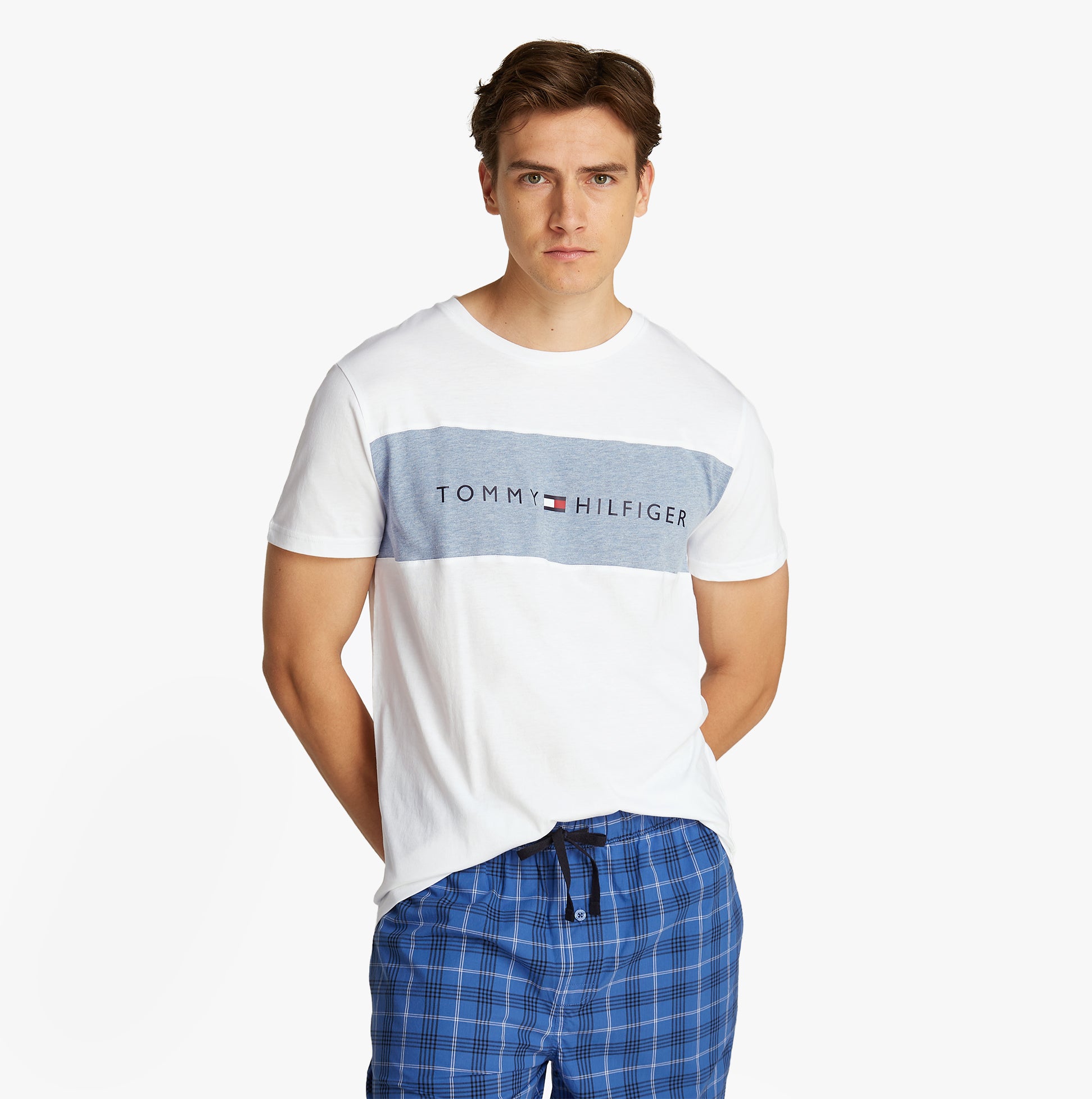 Tommy Hilfiger COLOUR BLOCKED Mens T-Shirt Optic White front view, featuring colour-blocked panel and TH logo.