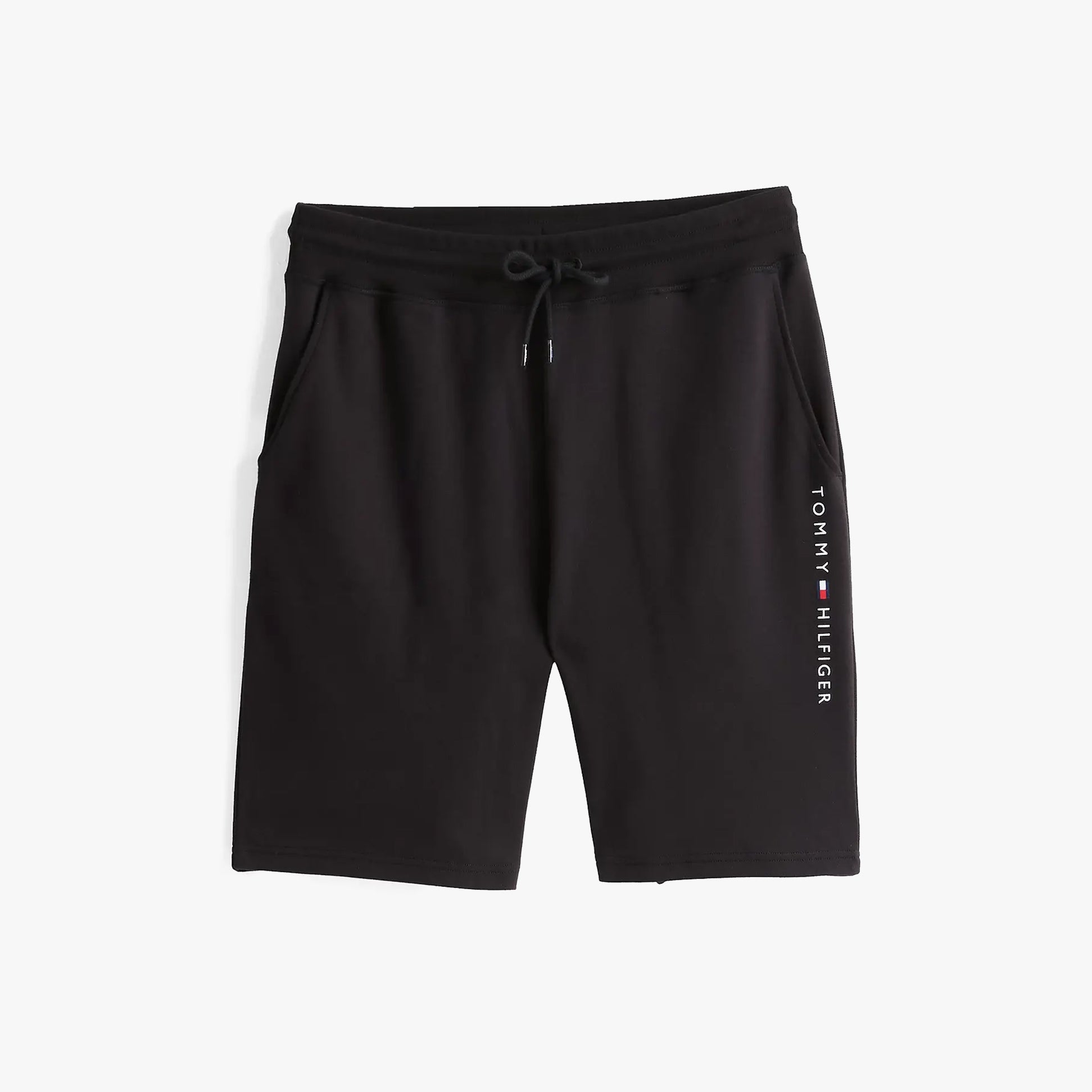 Tommy Hilfiger Mens Lounge Shorts Black front view showcasing logo and pockets.