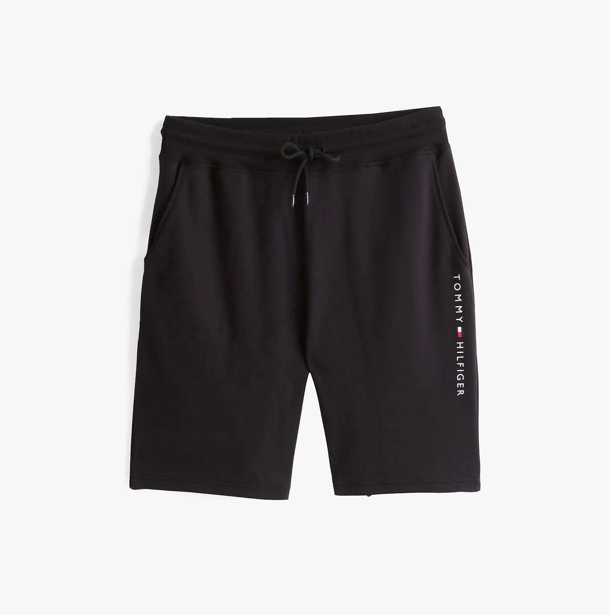 Tommy Hilfiger Mens Lounge Shorts Black front view showcasing logo and pockets.