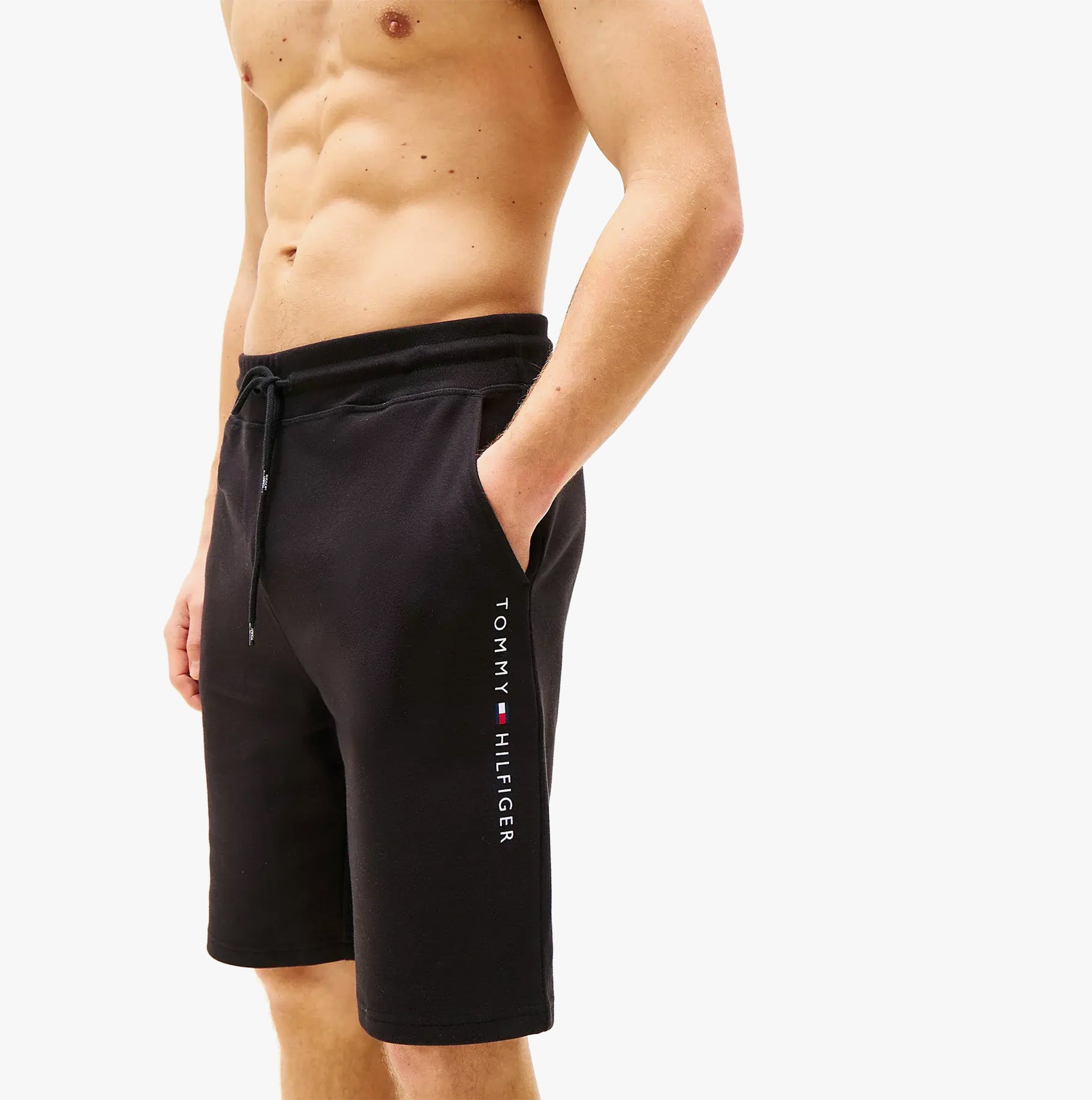 Tommy Hilfiger Mens Lounge Shorts Black side view showcasing comfortable fit and stylish design.