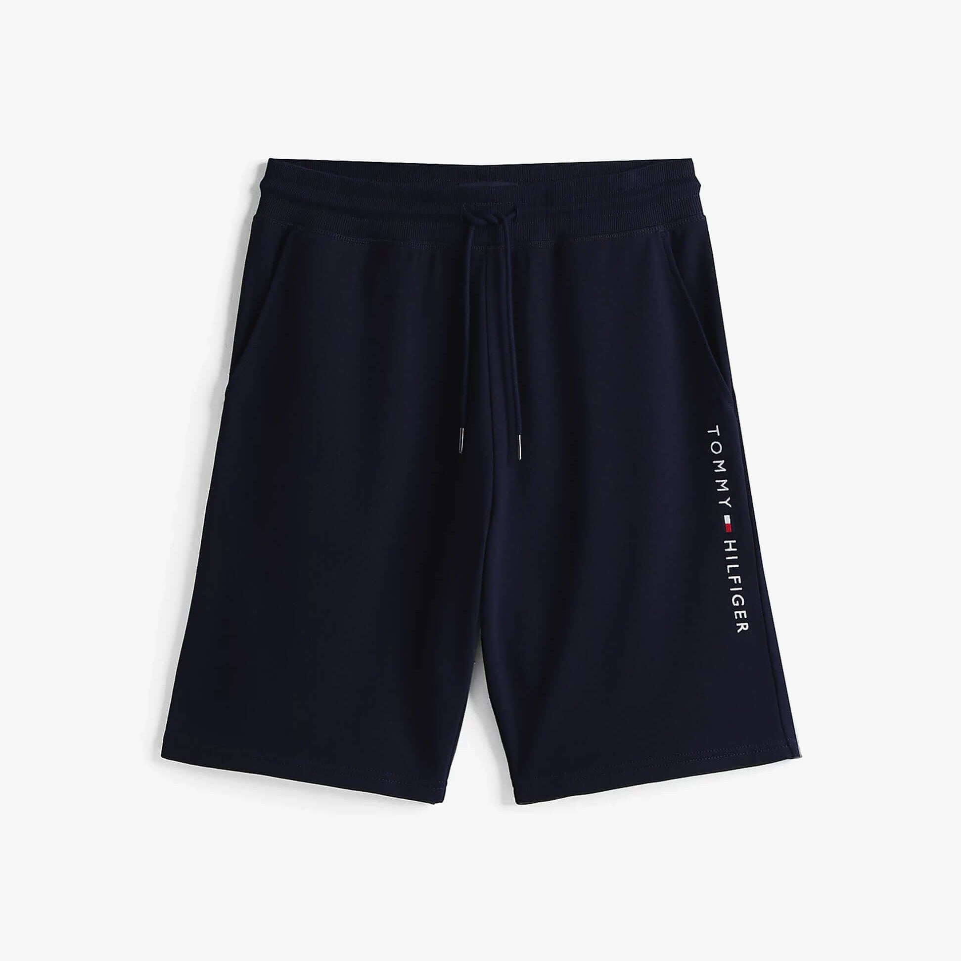 Tommy Hilfiger Mens TH Original Logo Terry Lounge Shorts Navy front view, showcasing the navy color and logo detail.