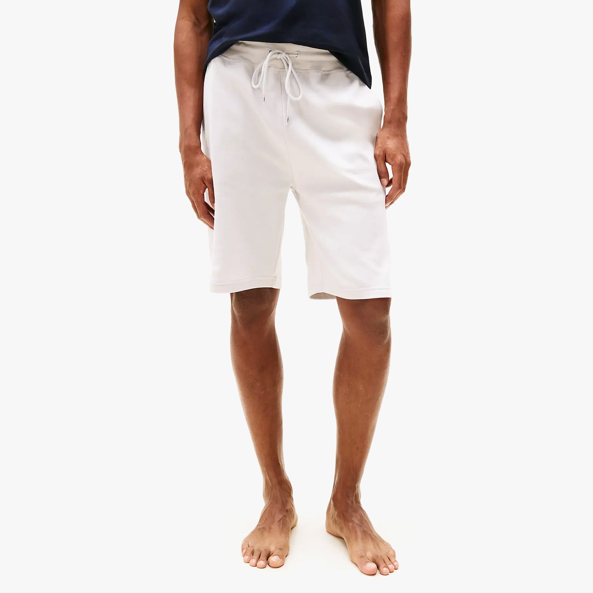Tommy Hilfiger Mens Lounge Shorts Beige front view, showcasing soft fabric and relaxed fit, ideal for lounging.