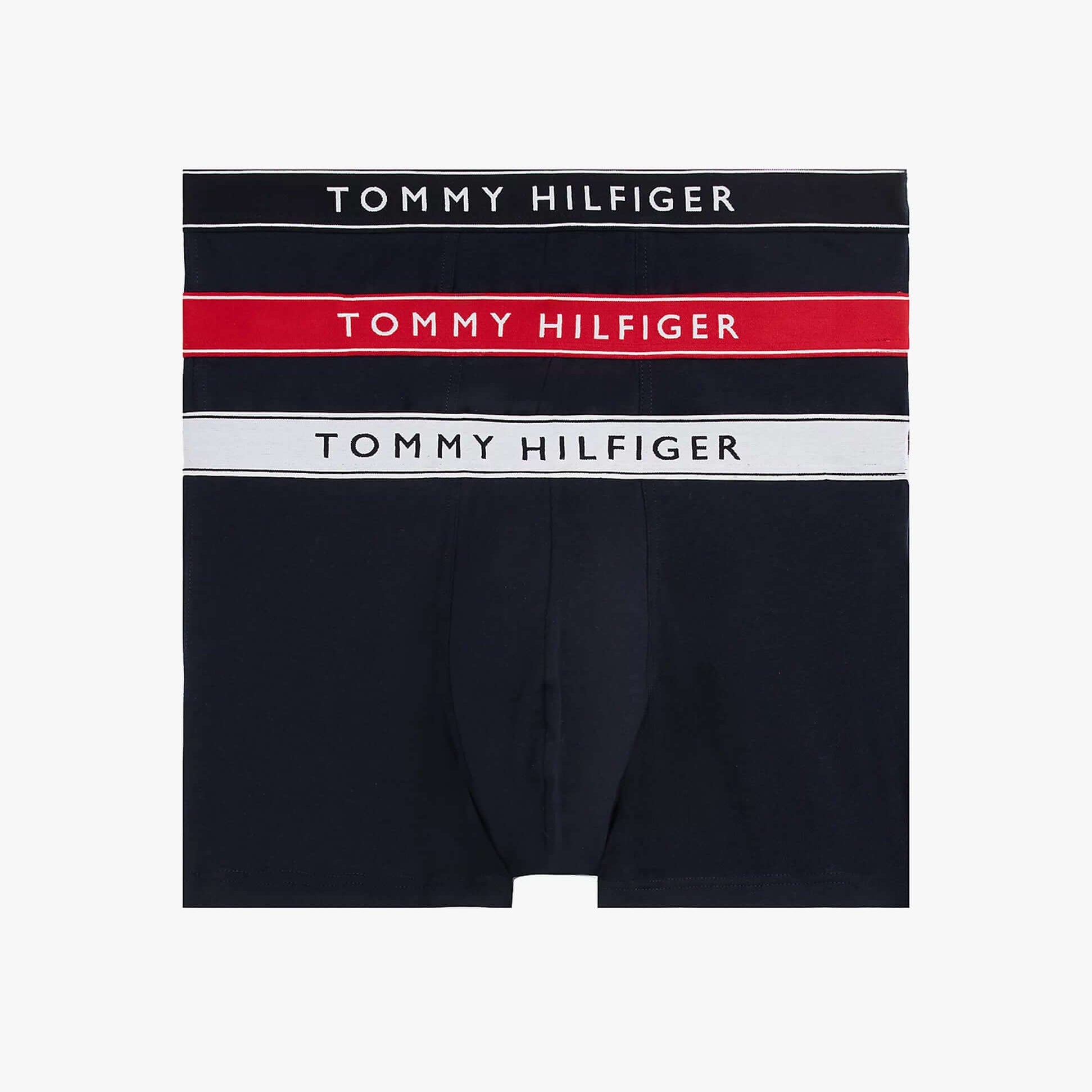 Tommy Hilfiger Mens 3 Pack Logo Waistband Trunks Navy front view showing three pairs with logo waistbands in navy, white, and red.