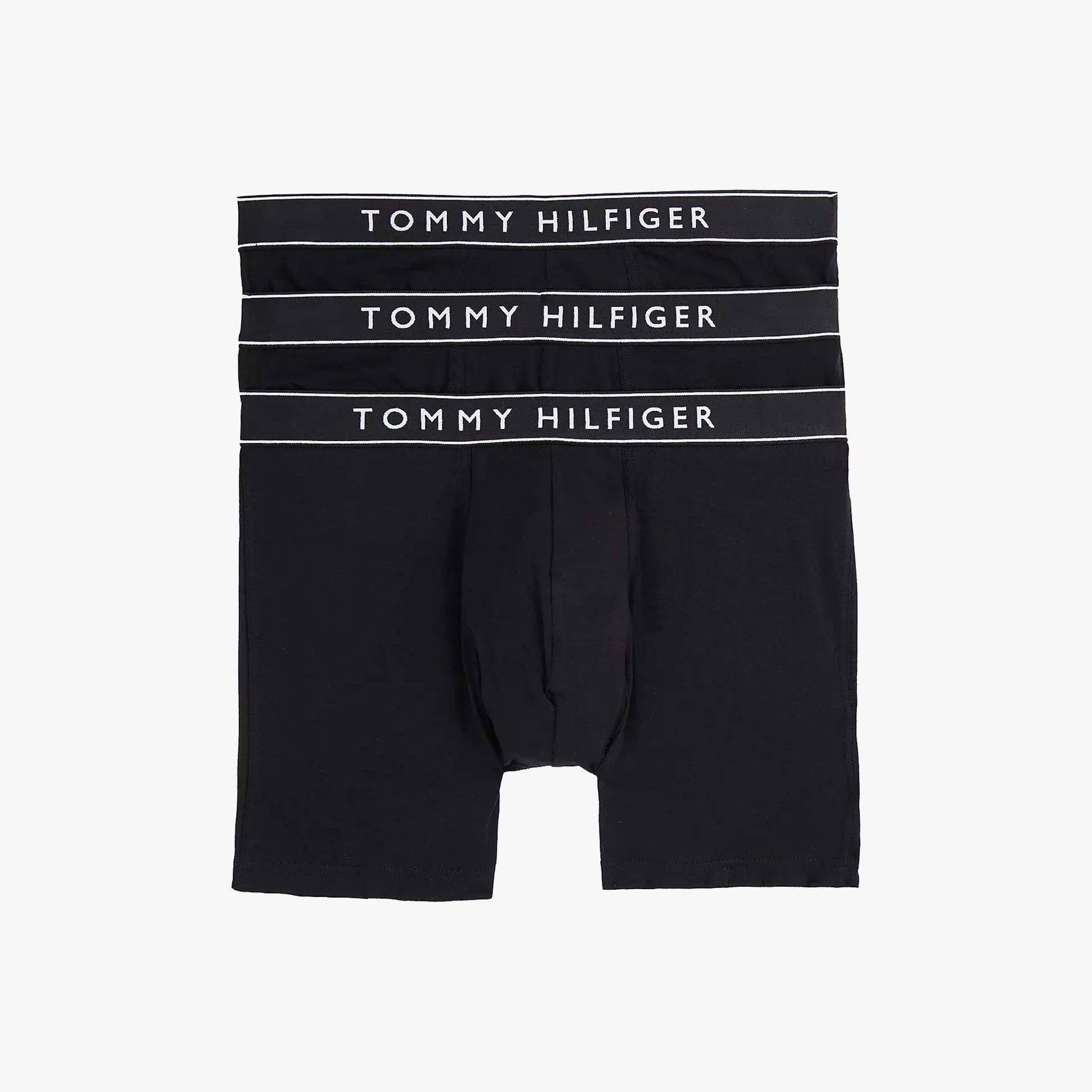 Tommy Hilfiger Mens 3 Pack Waistband Boxer Brief Black displayed in a front view showing three black boxer briefs with logo.