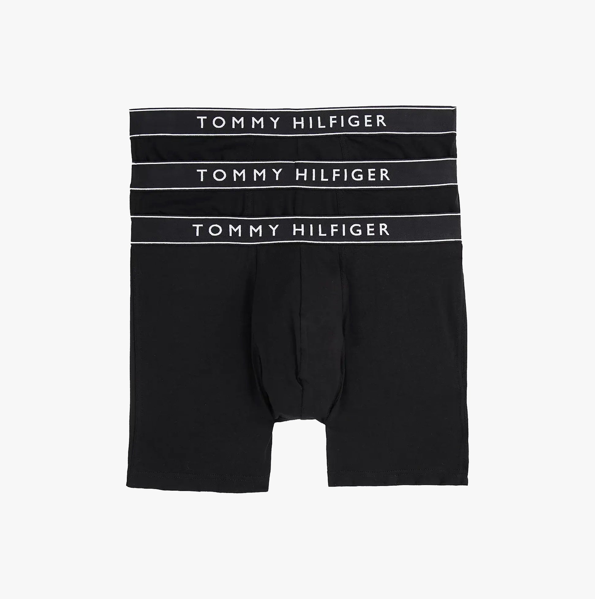 Tommy Hilfiger Mens 3 Pack Waistband Boxer Brief Black displayed in a front view showing three black boxer briefs with logo.