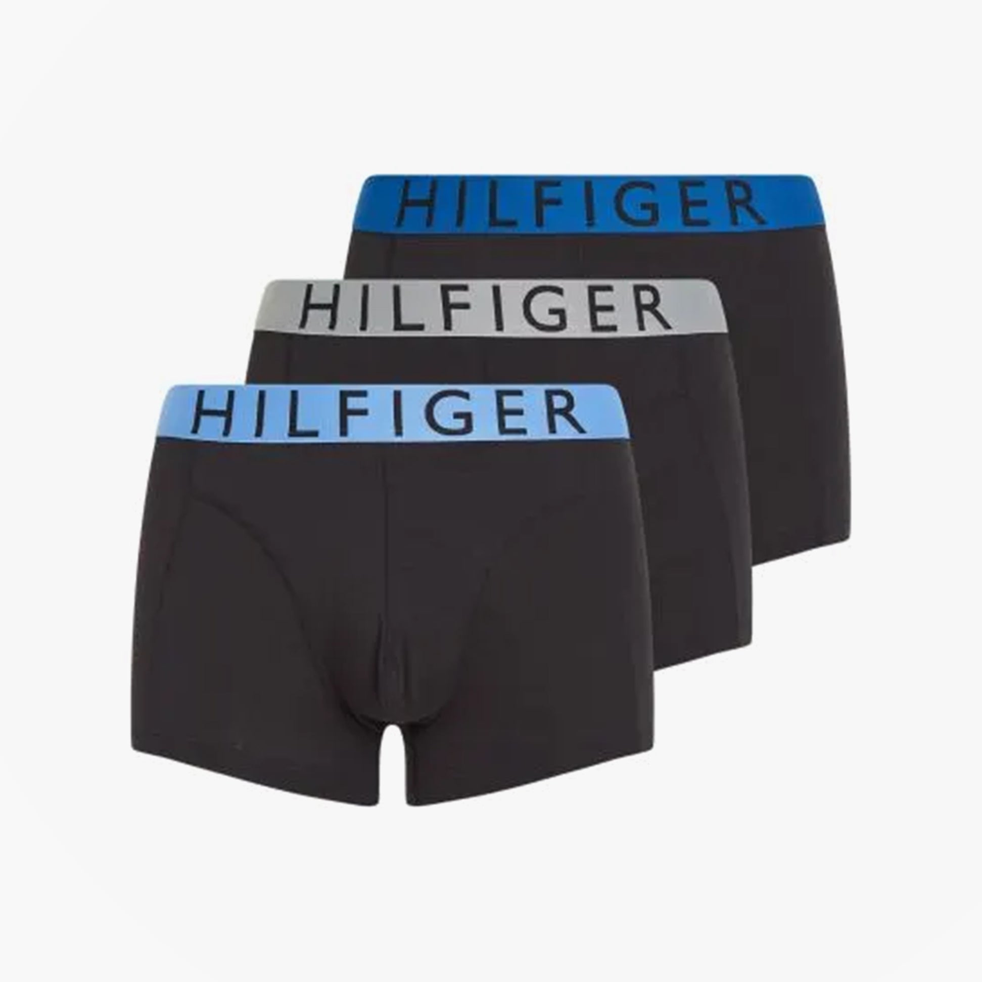 Tommy Hilfiger TRUNK 3 Pack Mens Trunk Multicoloured front view showing three pairs with logo waistbands in blue and grey.