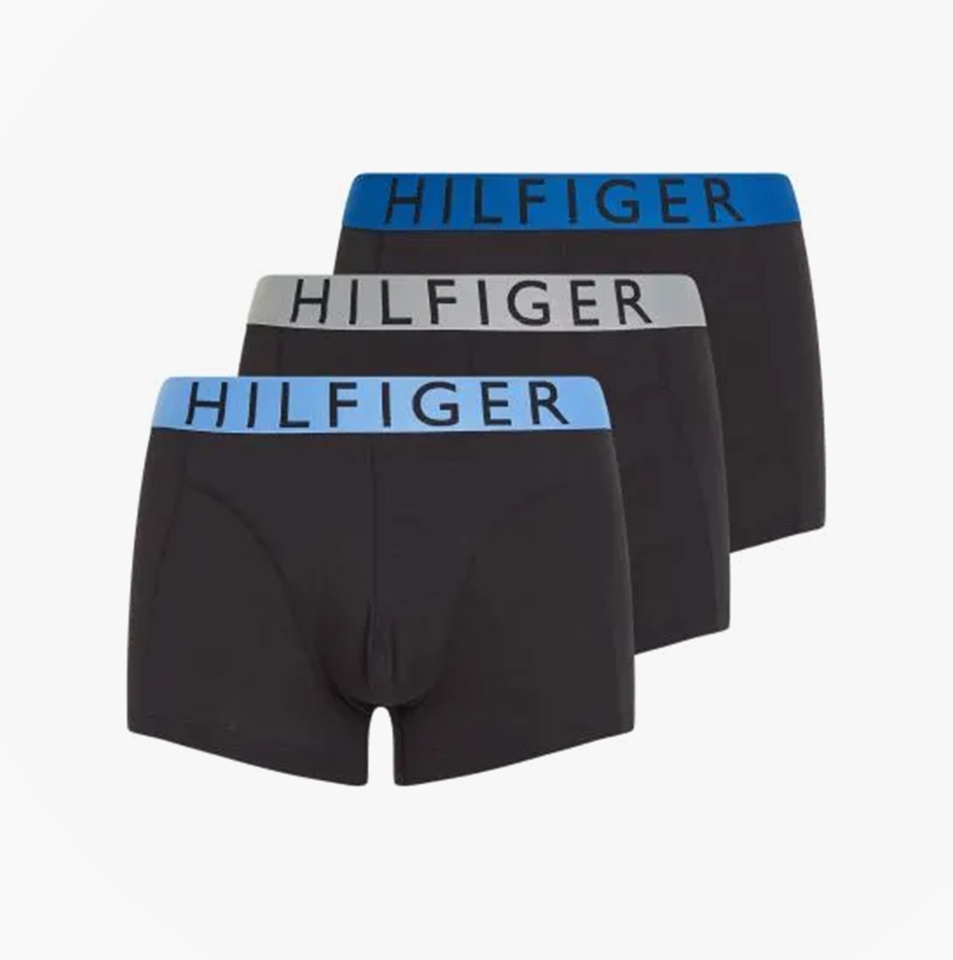 Tommy Hilfiger TRUNK 3 Pack Mens Trunk Multicoloured front view showing three pairs with logo waistbands in blue and grey.