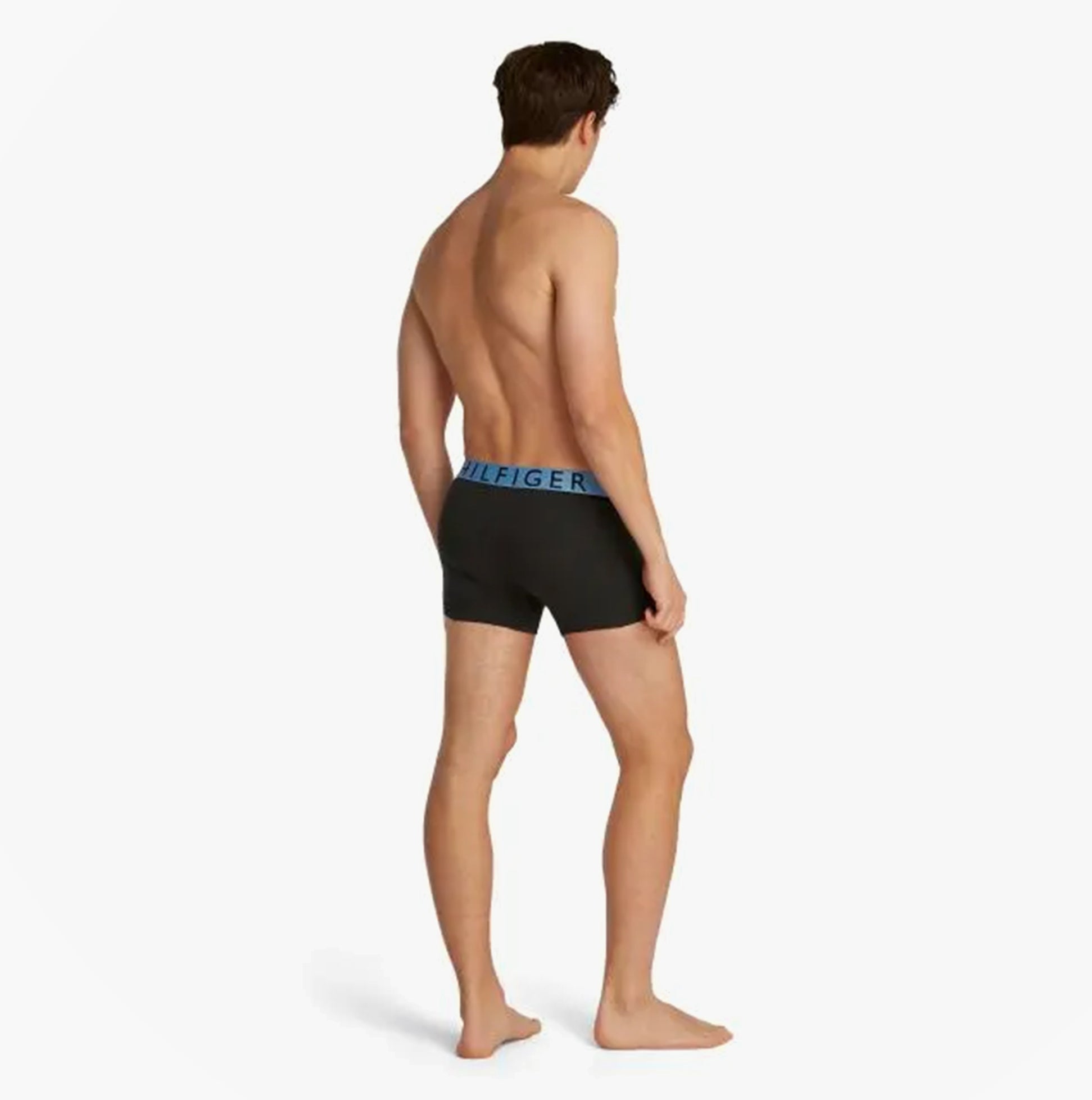 Tommy Hilfiger TRUNK 3 Pack Mens Trunk Multicoloured, back view of model wearing black trunk with blue waistband.