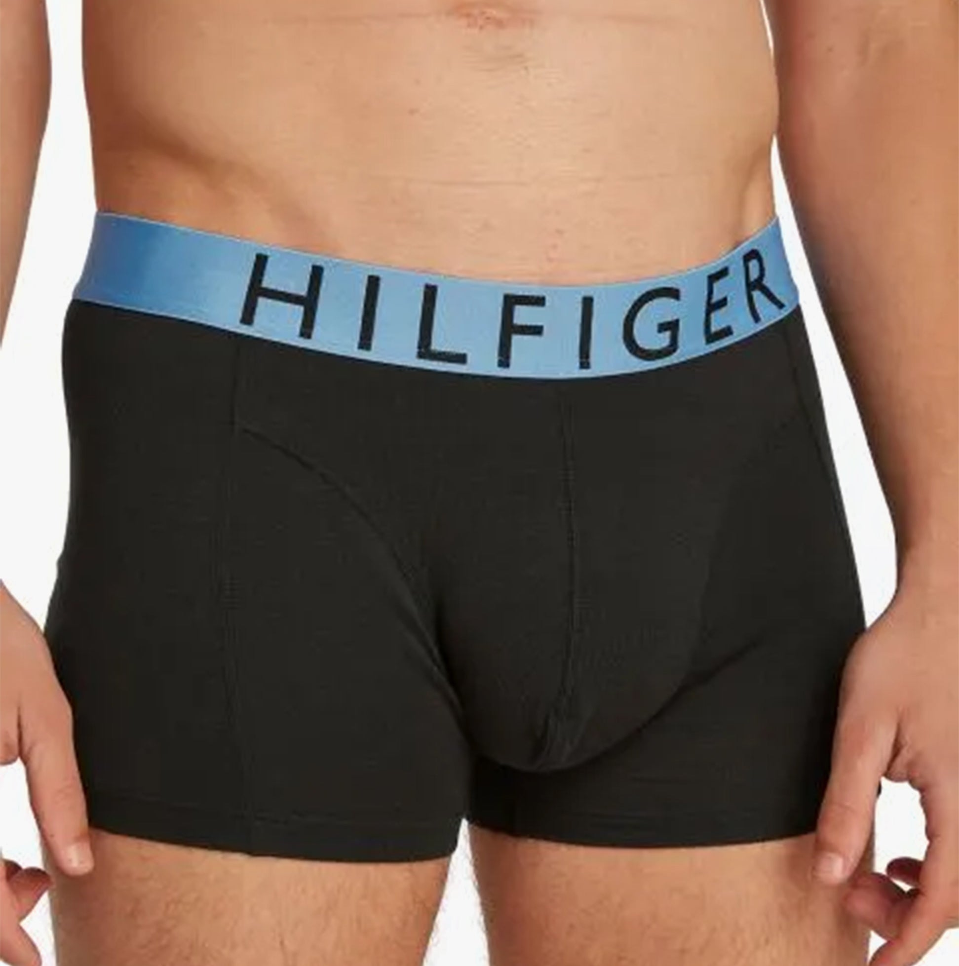 Tommy Hilfiger TRUNK 3 Pack Mens Trunk Multicoloured front view showing black trunk with contrast elastic waistband.