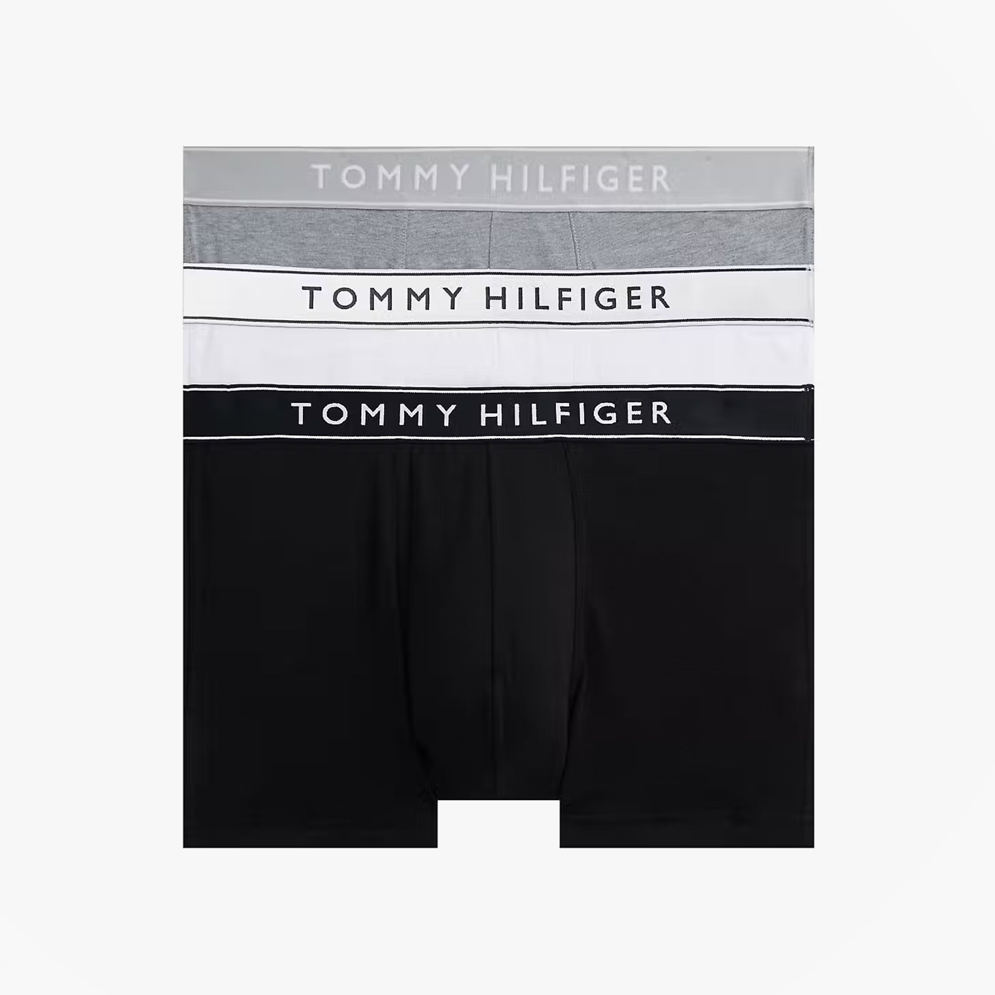 Tommy Hilfiger Mens 3 Pack Trunks Grey/Black/White front view showcasing grey, white, and black trunks with logo