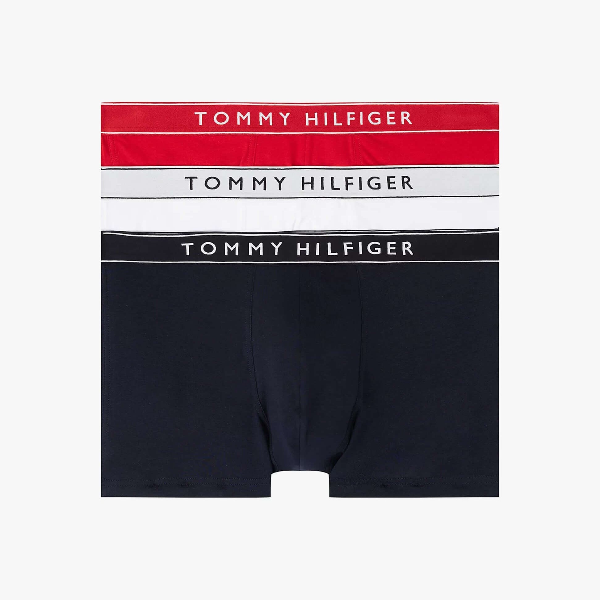 Tommy Hilfiger Mens 3 Pack Logo Waistband Trunks Multi, front view showcasing different colors and logo waistband.