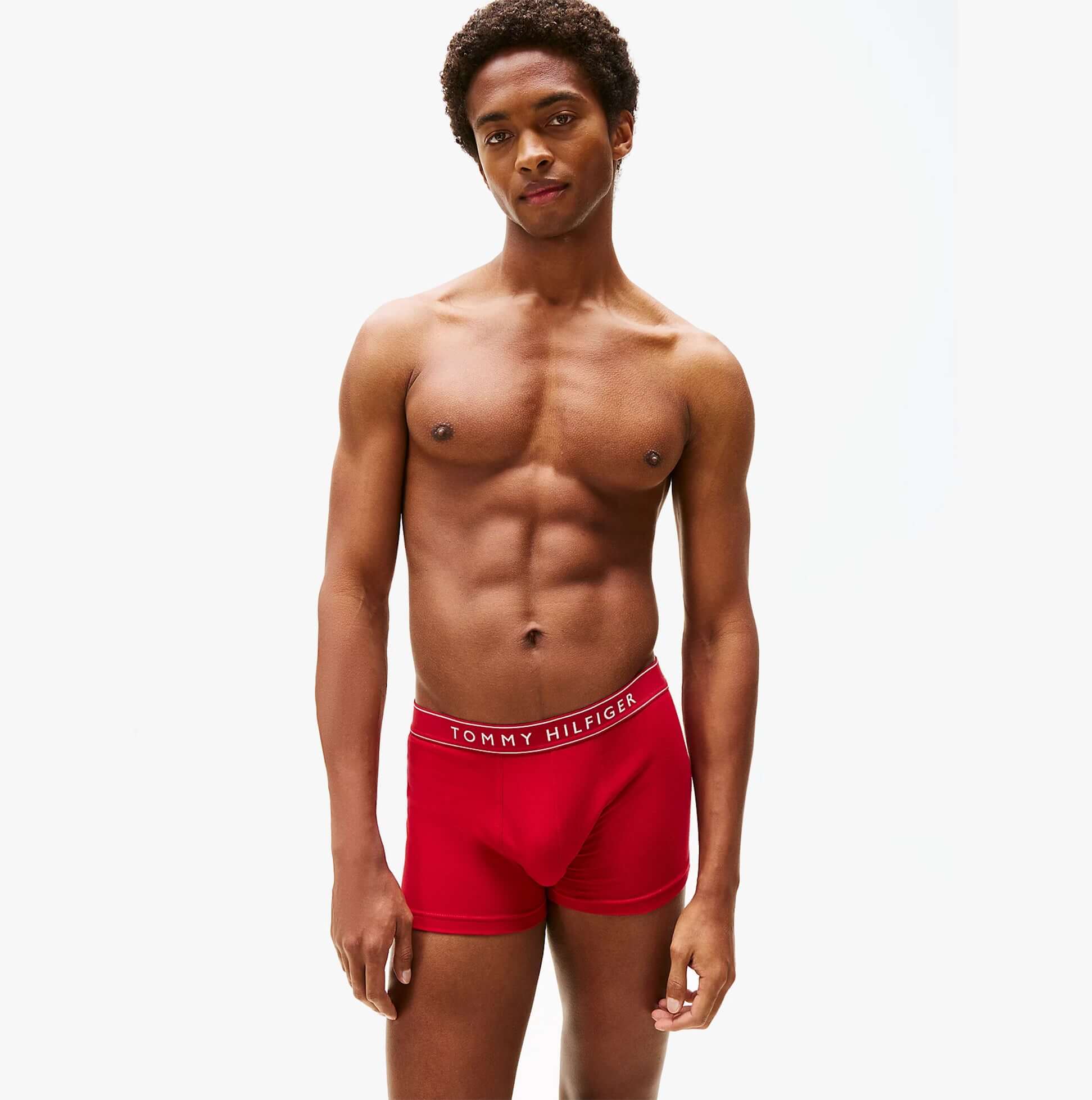 Tommy Hilfiger Mens 3 Pack Logo Waistband Trunks Multi red trunk front view on model showing waistband and fit.