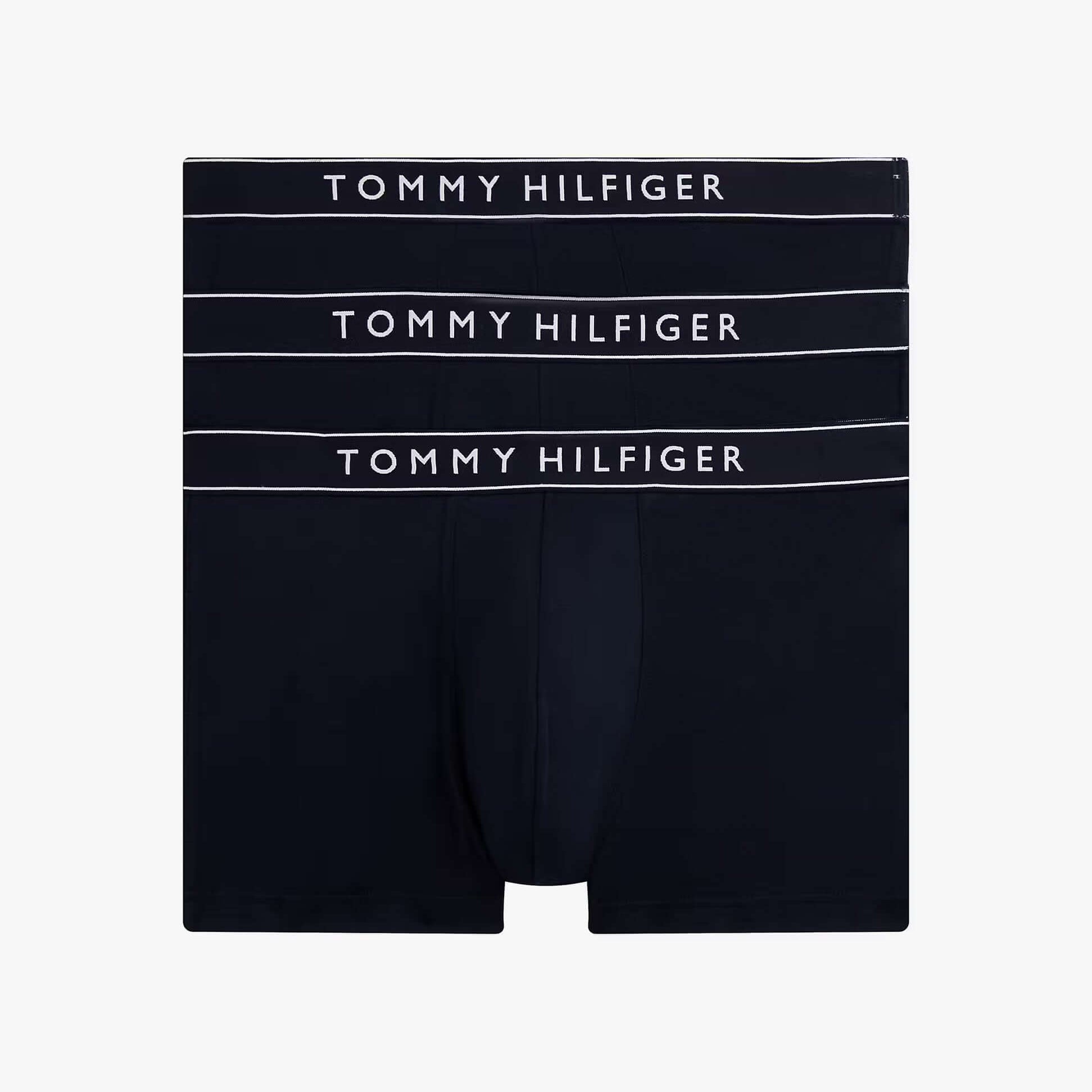 Tommy Hilfiger Mens 3 Pack Logo Waistband Trunks Multi side view showing three trunks with logo waistbands in black.