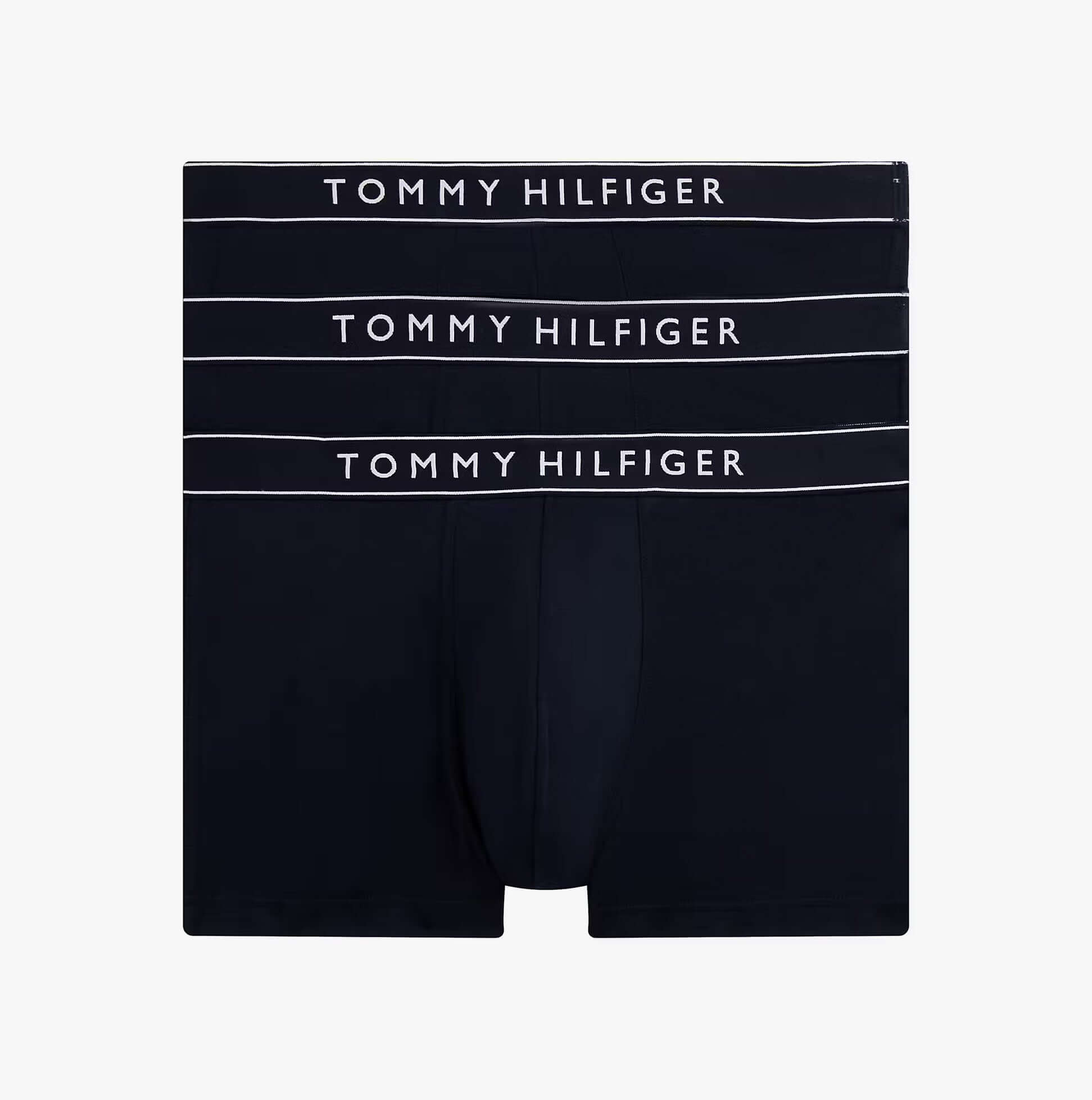 Tommy Hilfiger Mens 3 Pack Logo Waistband Trunks Multi side view showing three trunks with logo waistbands in black.
