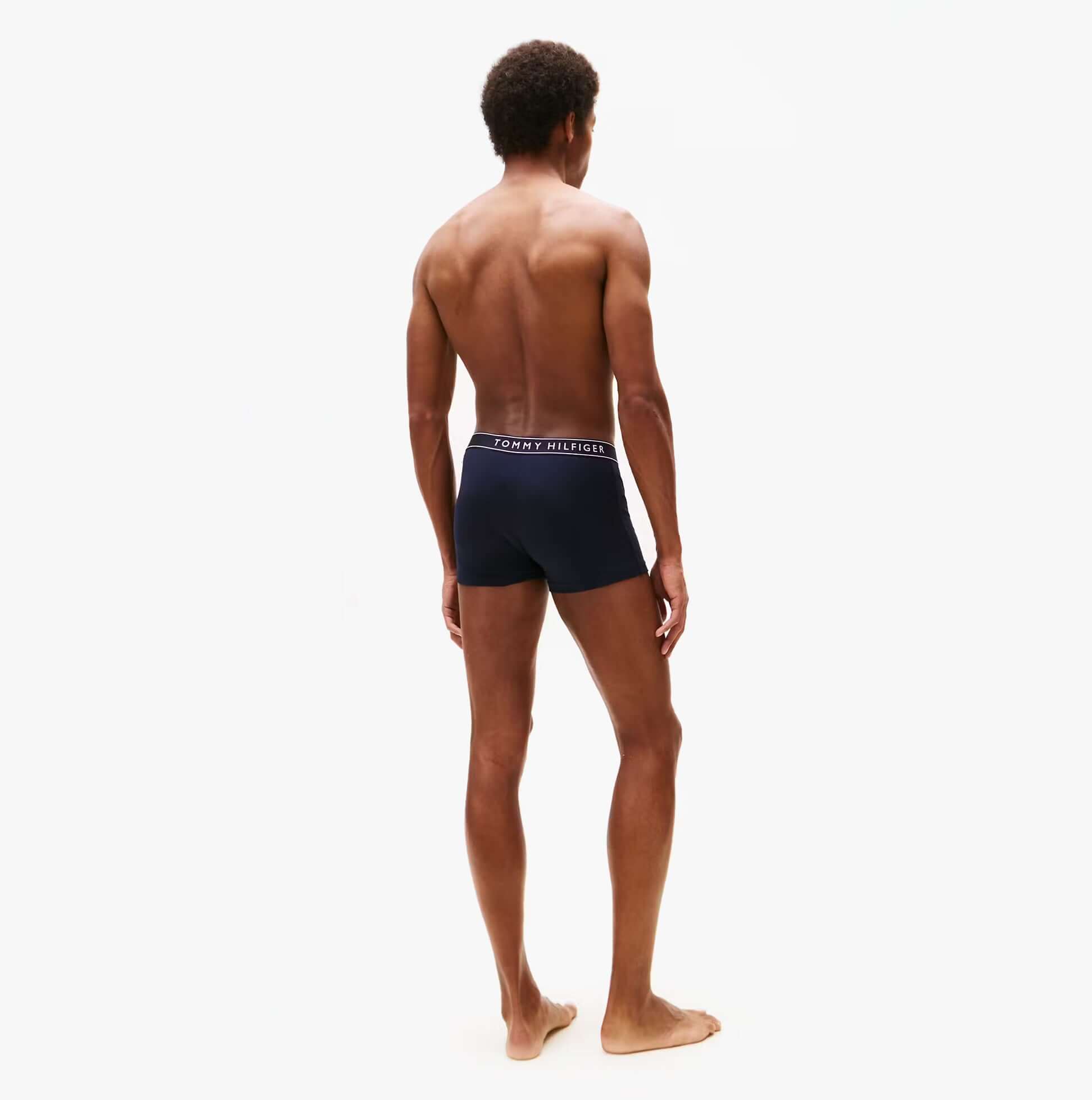 Tommy Hilfiger Mens 3 Pack Logo Waistband Trunks Multi back view of model wearing navy trunks with logo waistband.
