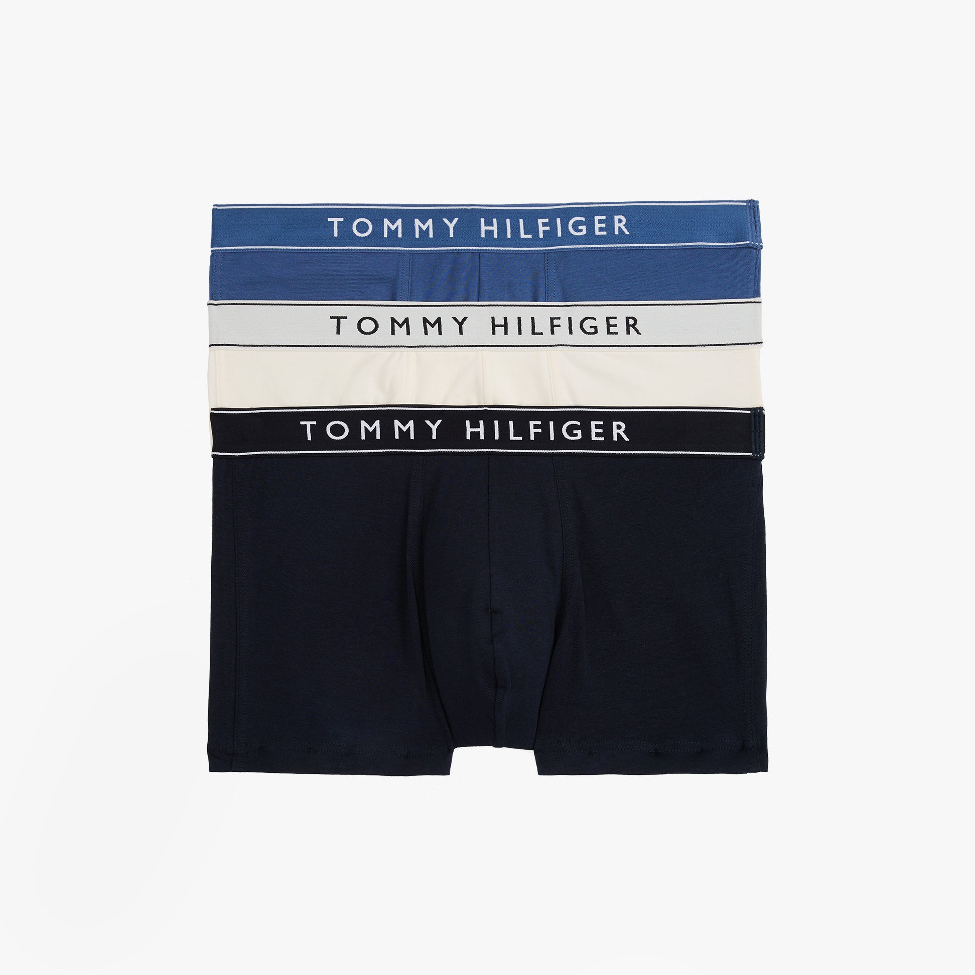 Tommy Hilfiger 3 Pack Mens Trunks Des Sky/Calico/Fssl Blue front view showing three pairs with logo waistbands.