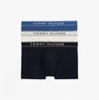 Tommy Hilfiger 3 Pack Mens Trunks Des Sky/Calico/Fssl Blue front view showing three pairs with logo waistbands.
