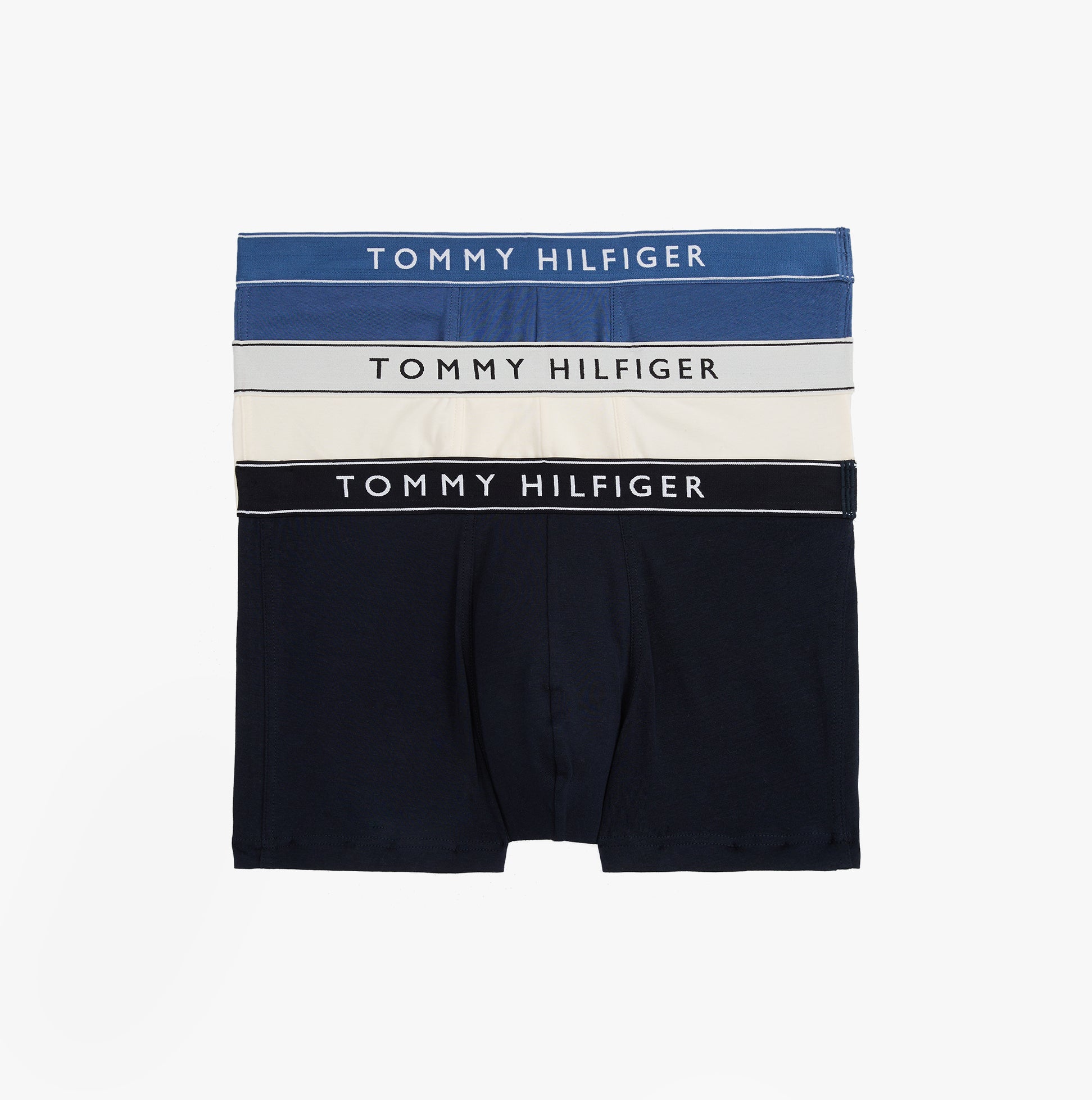 Tommy Hilfiger 3 Pack Mens Trunks Des Sky/Calico/Fssl Blue front view showing three pairs with logo waistbands.