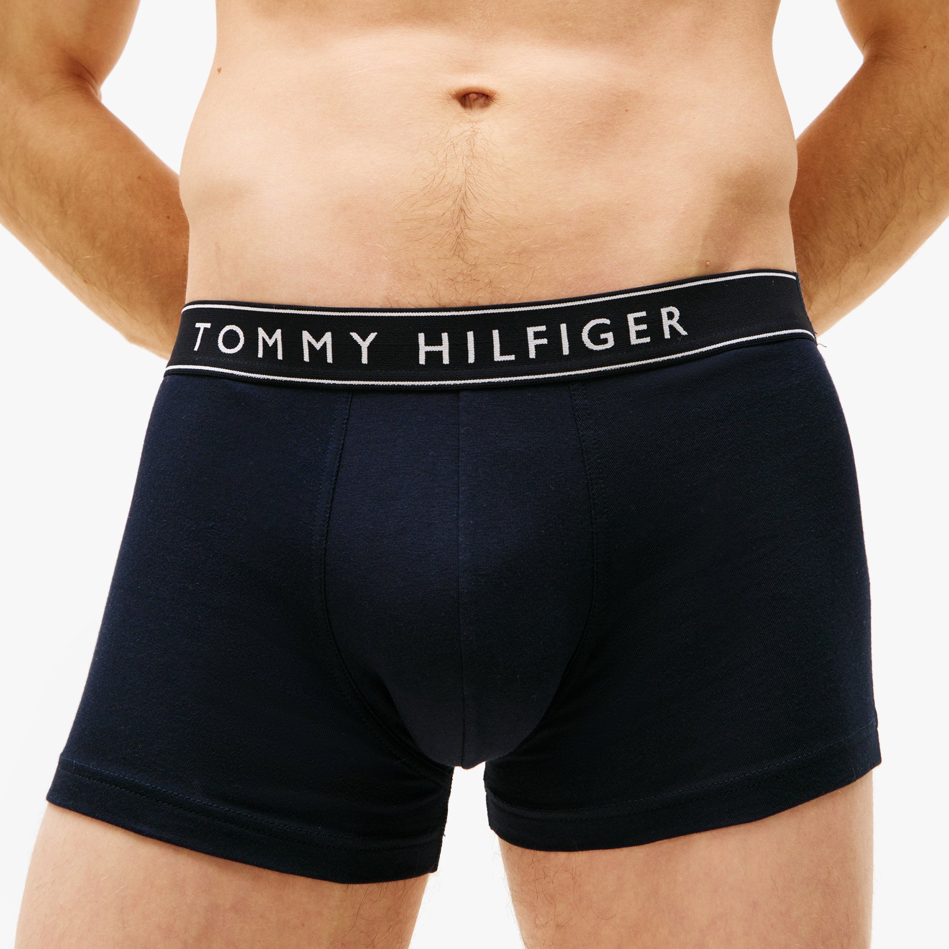 Tommy Hilfiger 3 Pack Mens Trunks Des Sky/Calico/Fssl Blue front view showing stretch cotton and TH repeat logo on waistband.