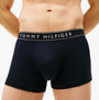Tommy Hilfiger 3 Pack Mens Trunks Des Sky/Calico/Fssl Blue front view showing stretch cotton and TH repeat logo on waistband.