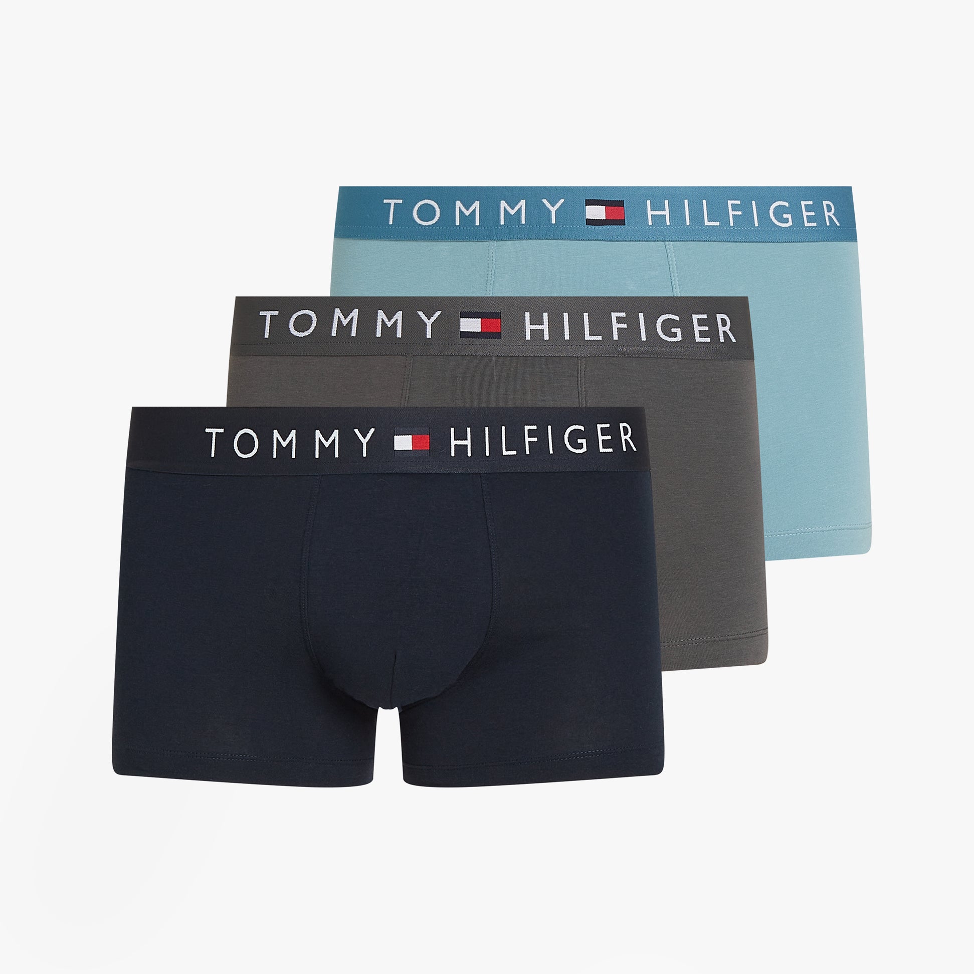 Tommy Hilfiger TH ORIGINAL Mens 3 Pack Trunks Multicoloured front view showcasing three trunks in navy, grey, and light blue.
