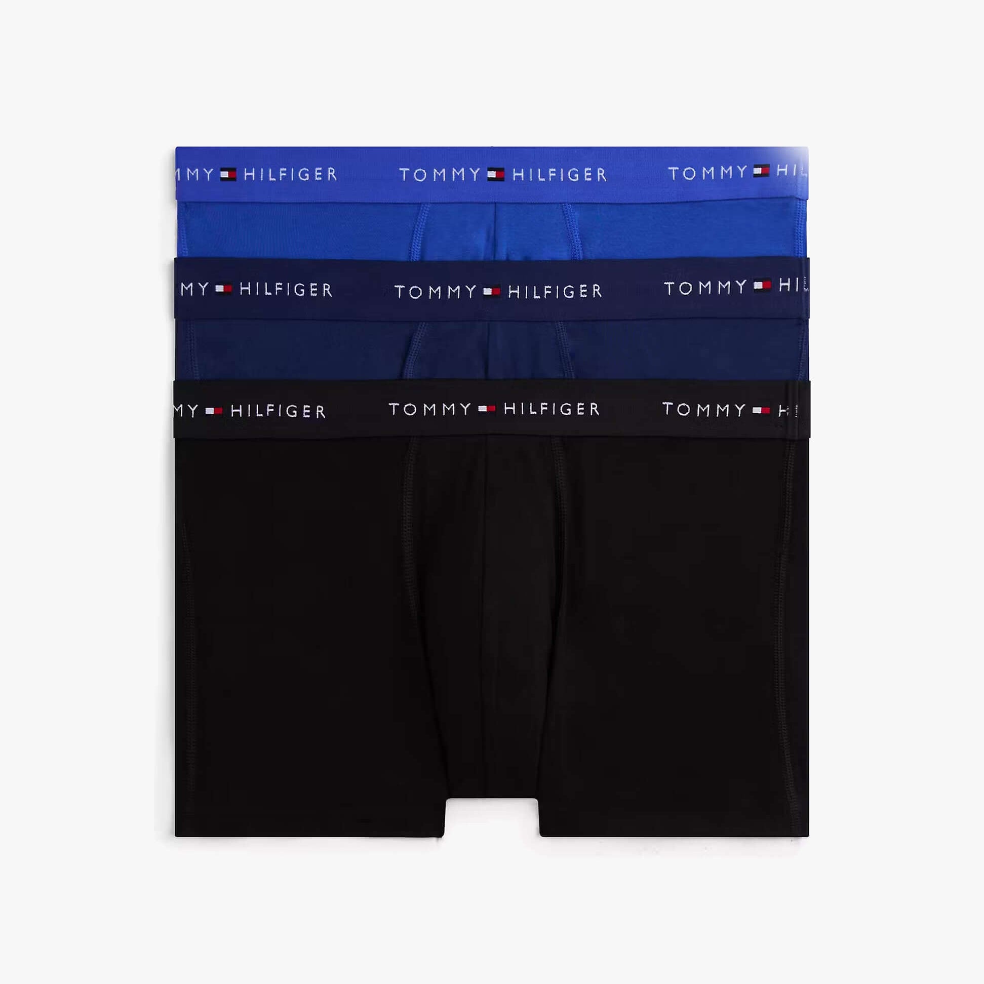 Tommy Hilfiger Mens 3 Pack Logo Waistband Cotton Trunks Multi in blue and black, front view showing all three trunks.