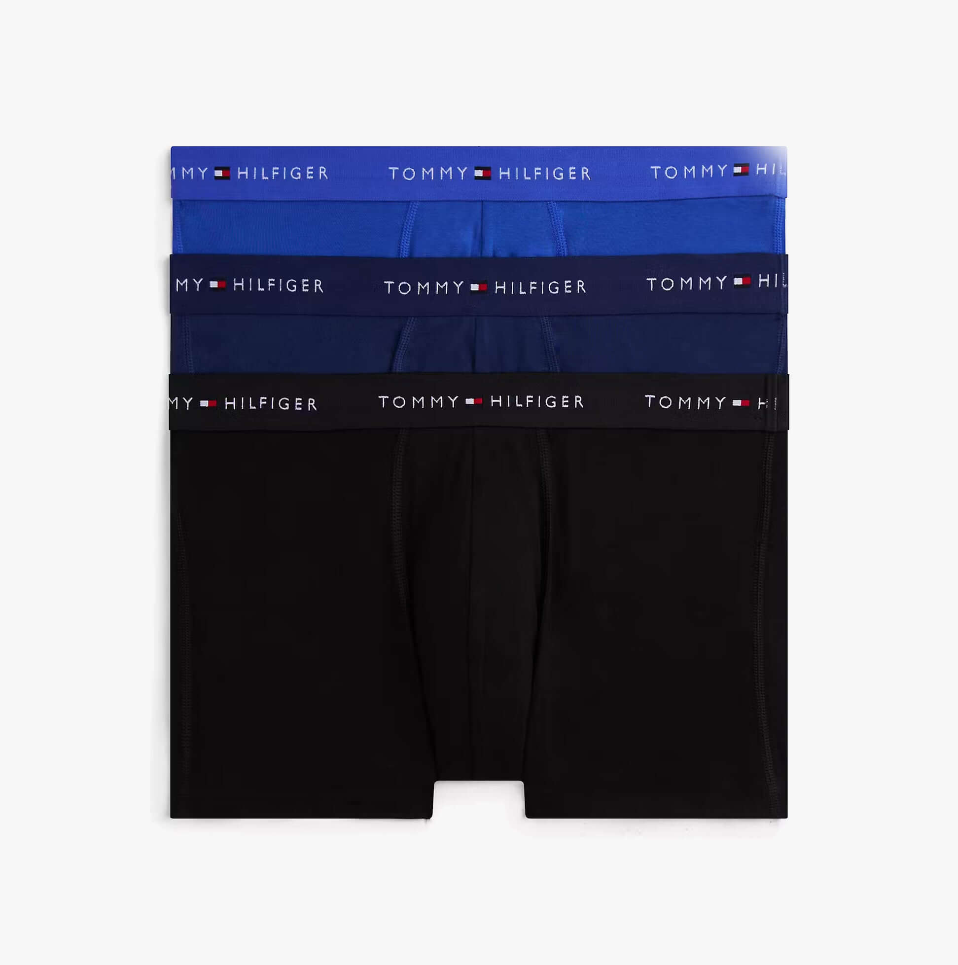 Tommy Hilfiger Mens 3 Pack Logo Waistband Cotton Trunks Multi in blue and black, front view showing all three trunks.