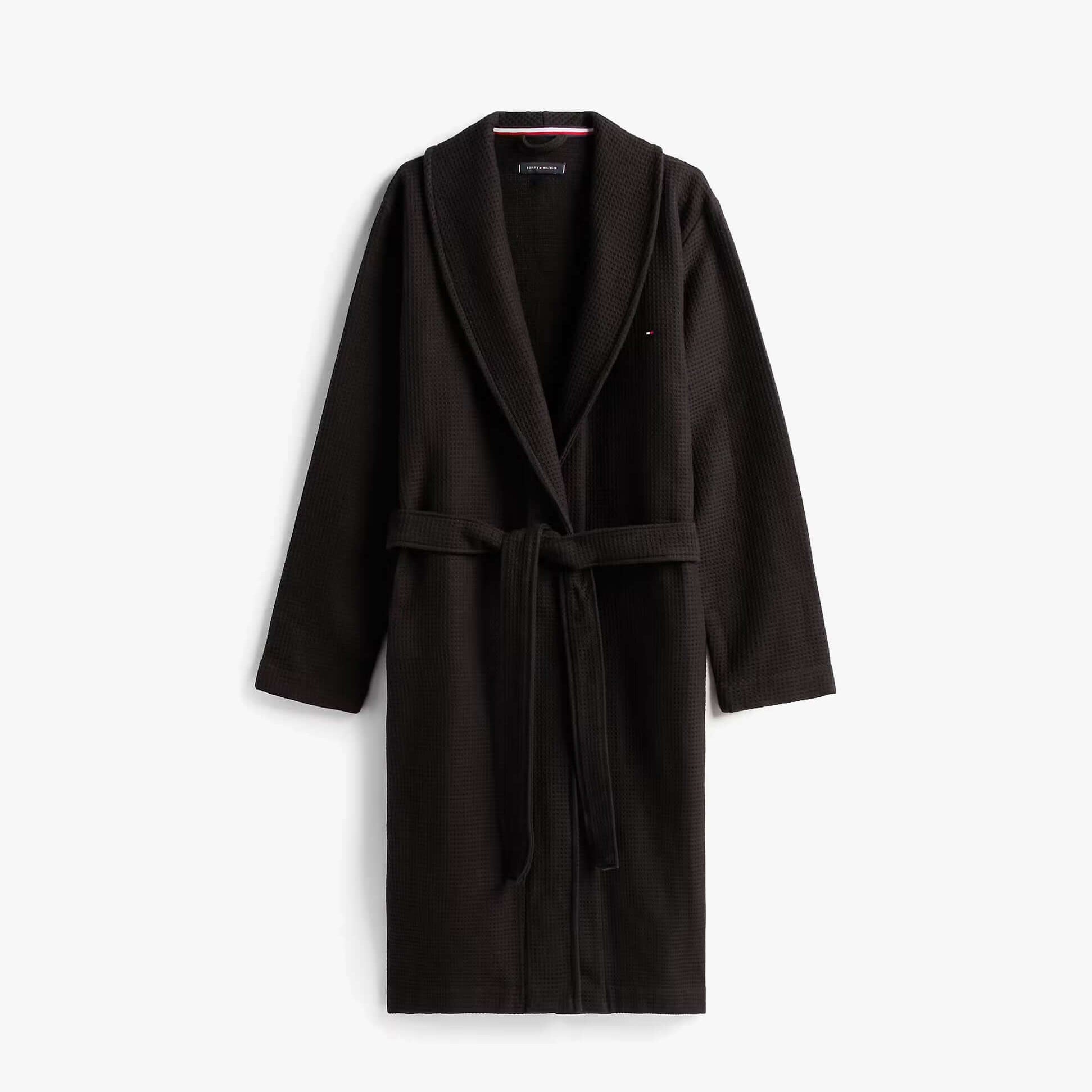 Tommy Hilfiger WAFFLE BATHROBE Mens Bathrobes Black front view, 100% cotton, relaxed fit, long sleeves.