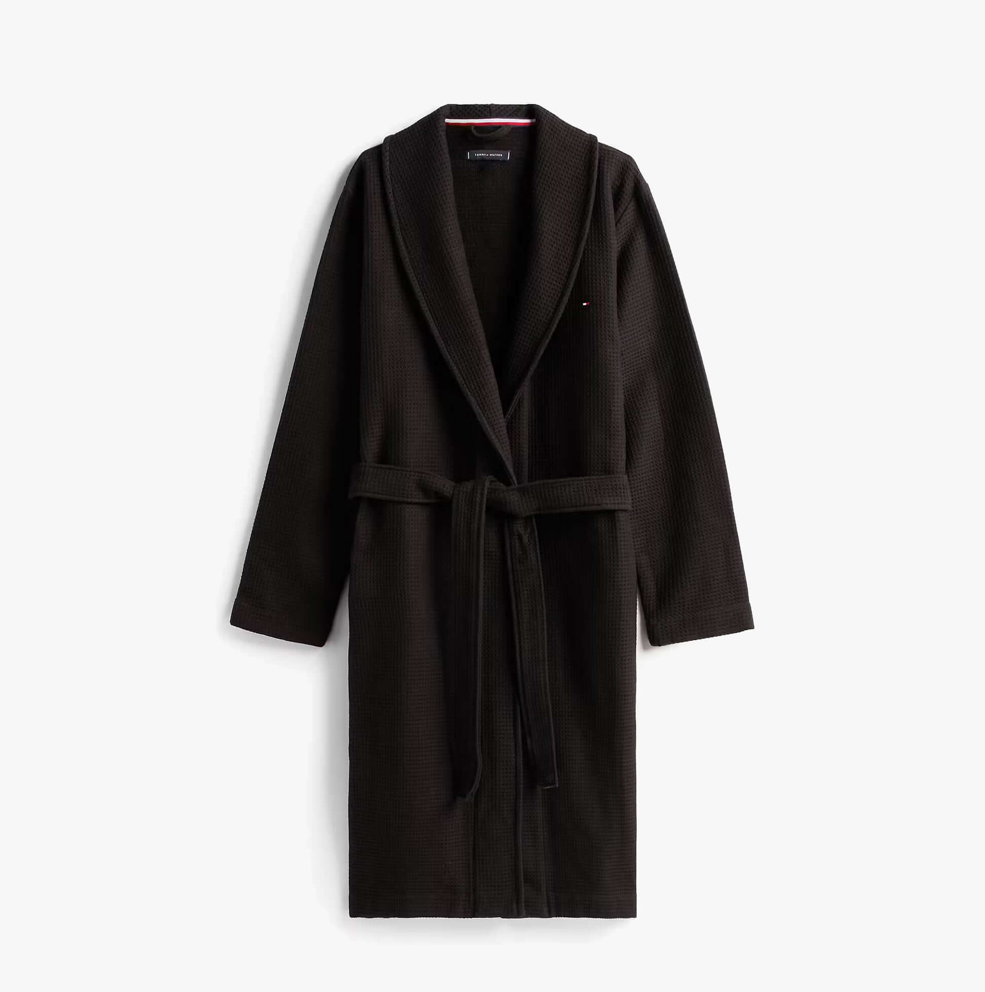 Tommy Hilfiger WAFFLE BATHROBE Mens Bathrobes Black front view, 100% cotton, relaxed fit, long sleeves.