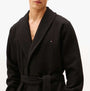 Tommy Hilfiger WAFFLE BATHROBE Mens Bathrobes Black front view on model showcasing cotton material and relaxed fit.