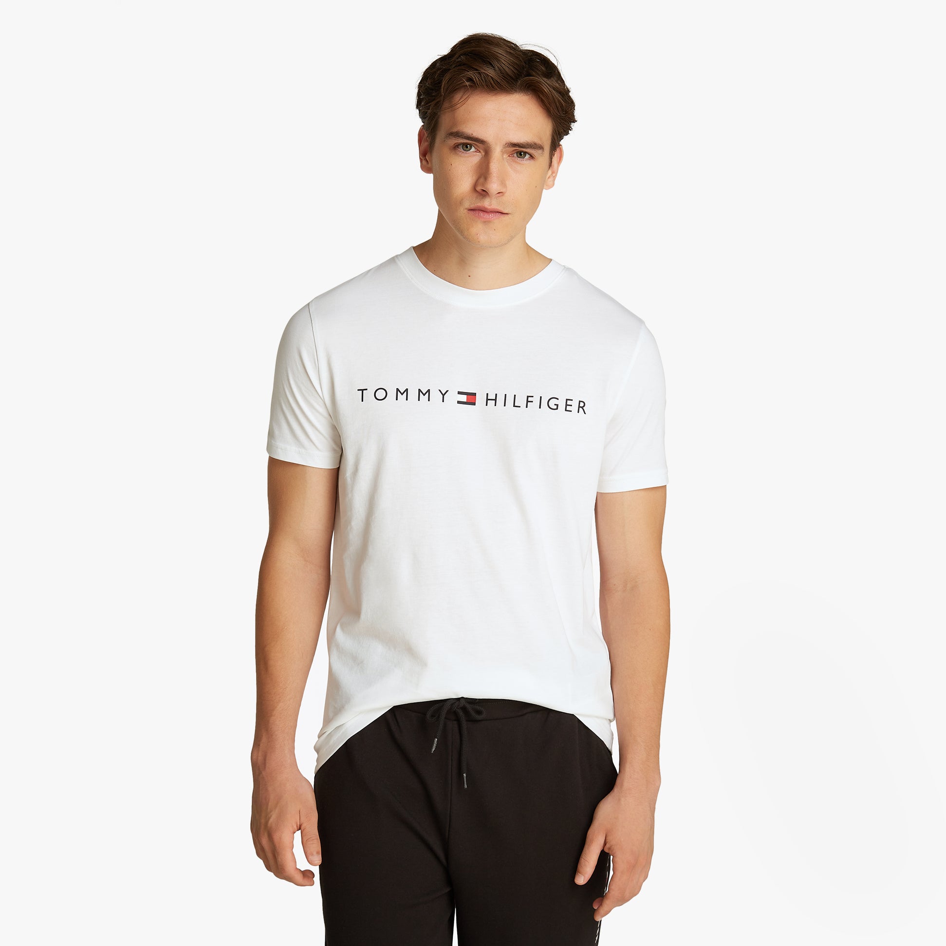 Tommy Hilfiger PURE COTTON Mens Lounge T-Shirt Optic White front view featuring crew neck and rubberised logo.