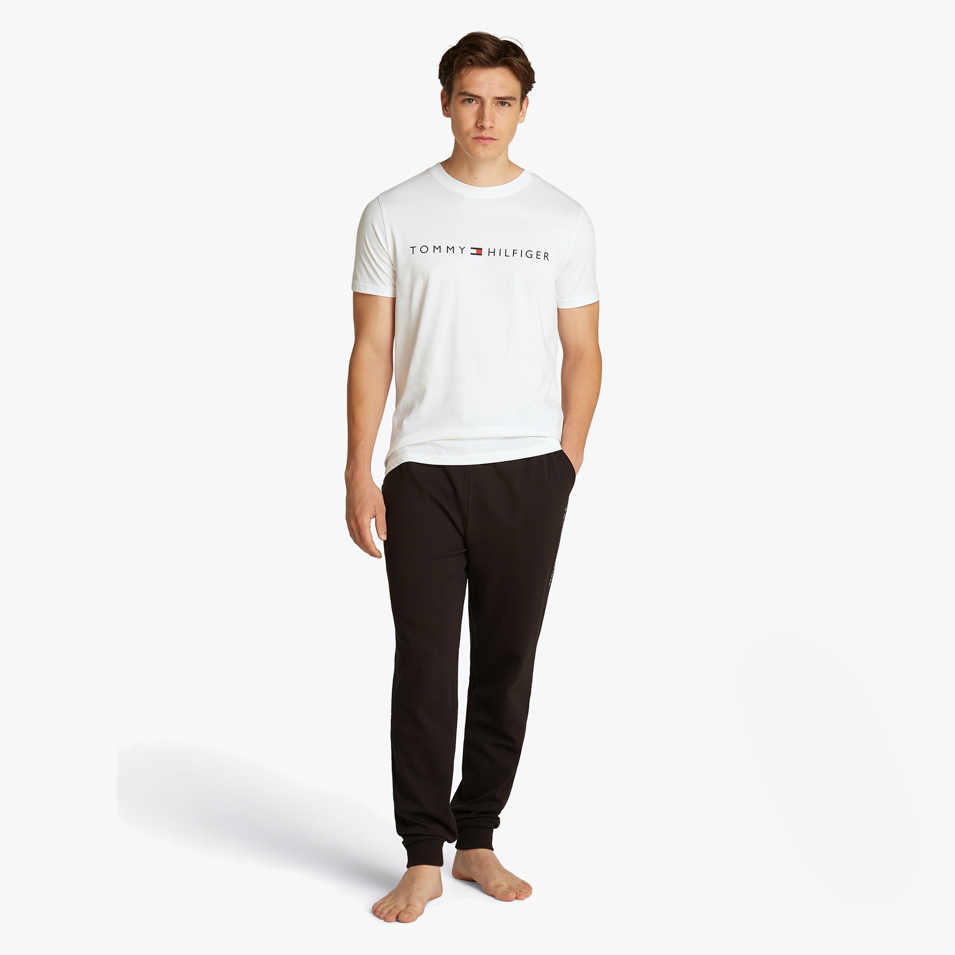 Tommy Hilfiger PURE COTTON Mens Lounge T-Shirt Optic White front view model wearing shirt with black pants