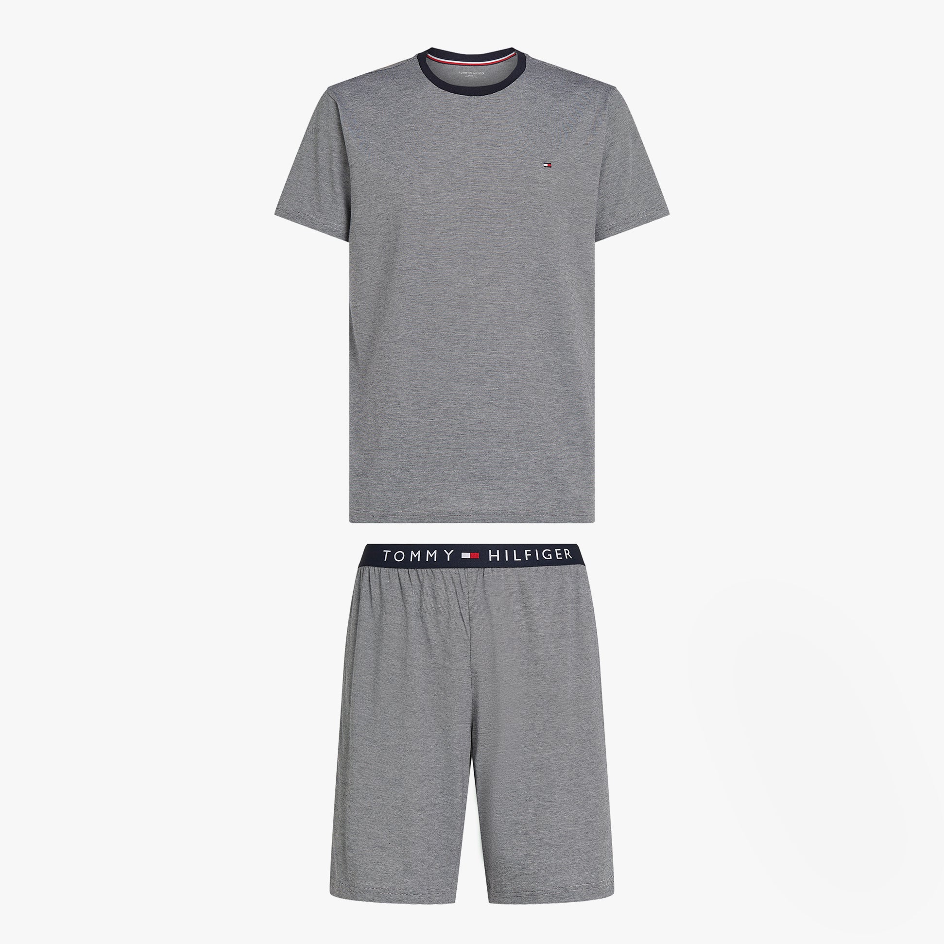 Tommy Hilfiger TH ORIGINAL Mens Jersey Pyjama Set Mini Stripes Blue front view showing comfortable short sleeve shirt and shorts.