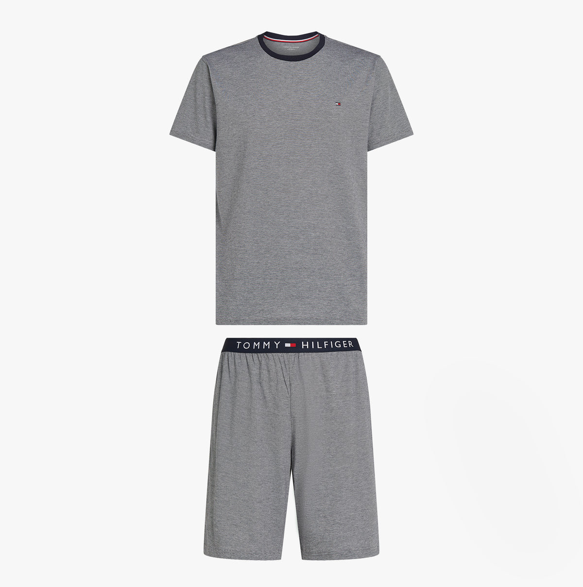 Tommy Hilfiger TH ORIGINAL Mens Jersey Pyjama Set Mini Stripes Blue front view showing comfortable short sleeve shirt and shorts.