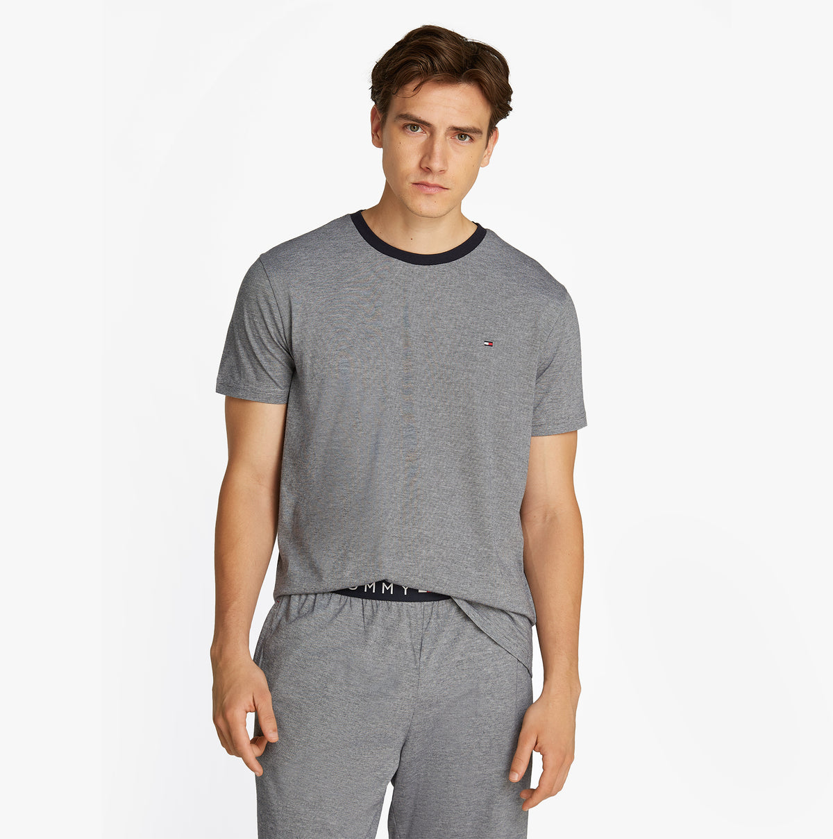 Tommy Hilfiger TH ORIGINAL Mens Jersey Pyjama Set Mini Stripes Blue front view, featuring a crew neck shirt and elasticated waistband.