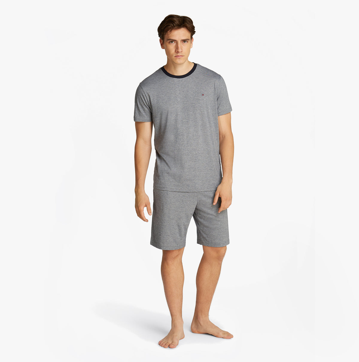 Tommy Hilfiger TH ORIGINAL Mens Jersey Pyjama Set Mini Stripes Blue front view featuring short sleeve shirt and shorts.