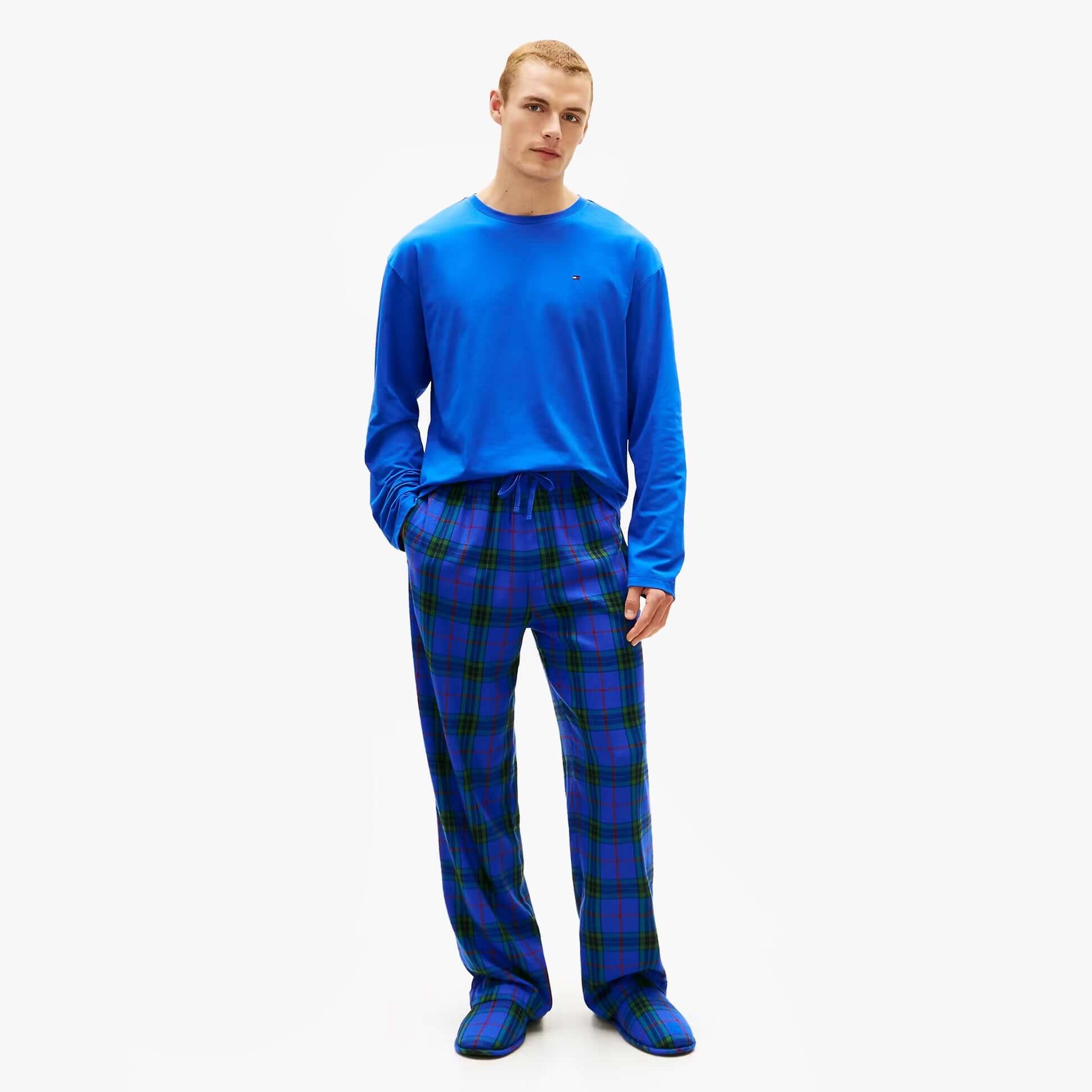 Tommy Hilfiger FLANNEL Pyjama Set With SLIPPERS Mens Blue Tartan front view featuring blue top and tartan pants.