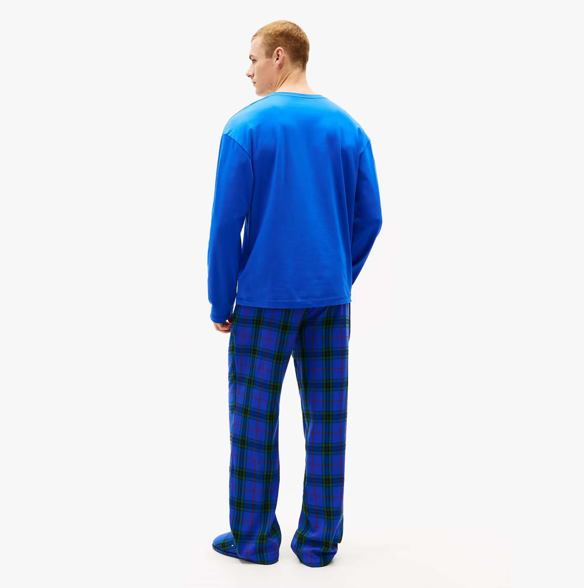 Tommy Hilfiger FLANNEL Pyjama Set With SLIPPERS Mens Blue Tartan back view, featuring blue top and tartan pajama pants.