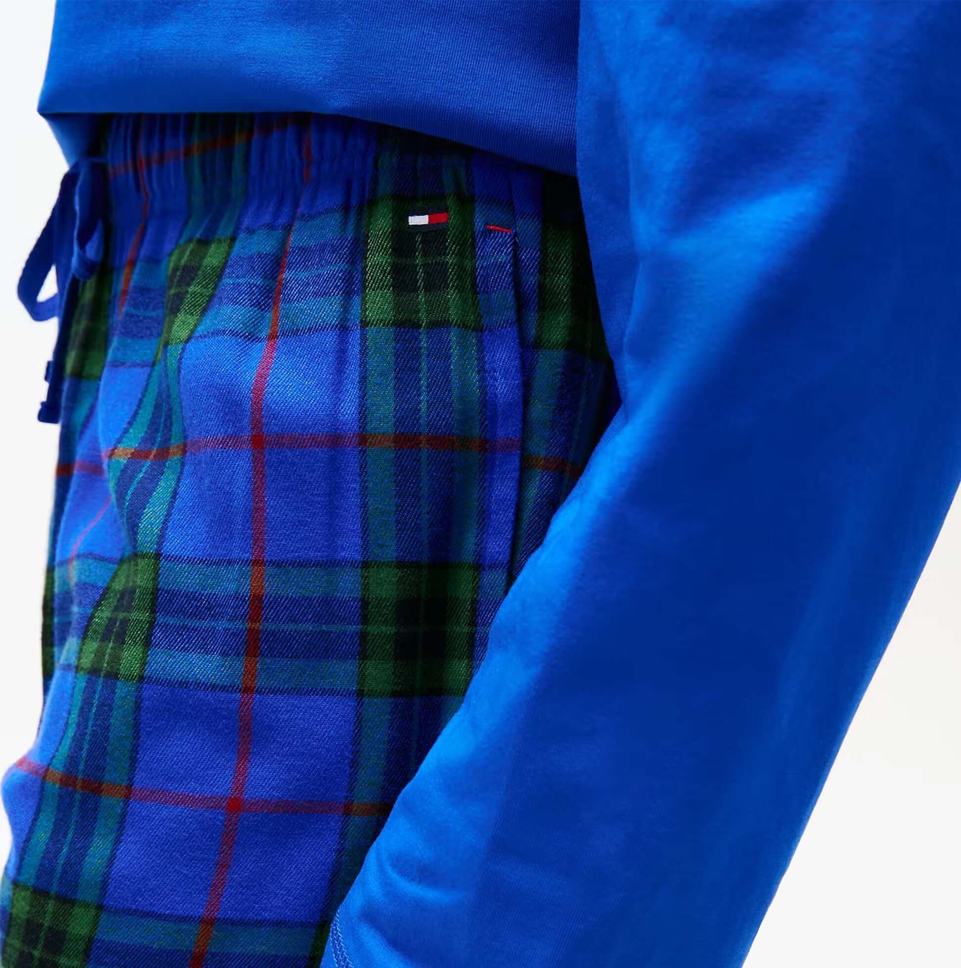 Tommy Hilfiger FLANNEL Pyjama Set With SLIPPERS Mens Blue Tartan side view of blue tartan pants with long sleeve top.