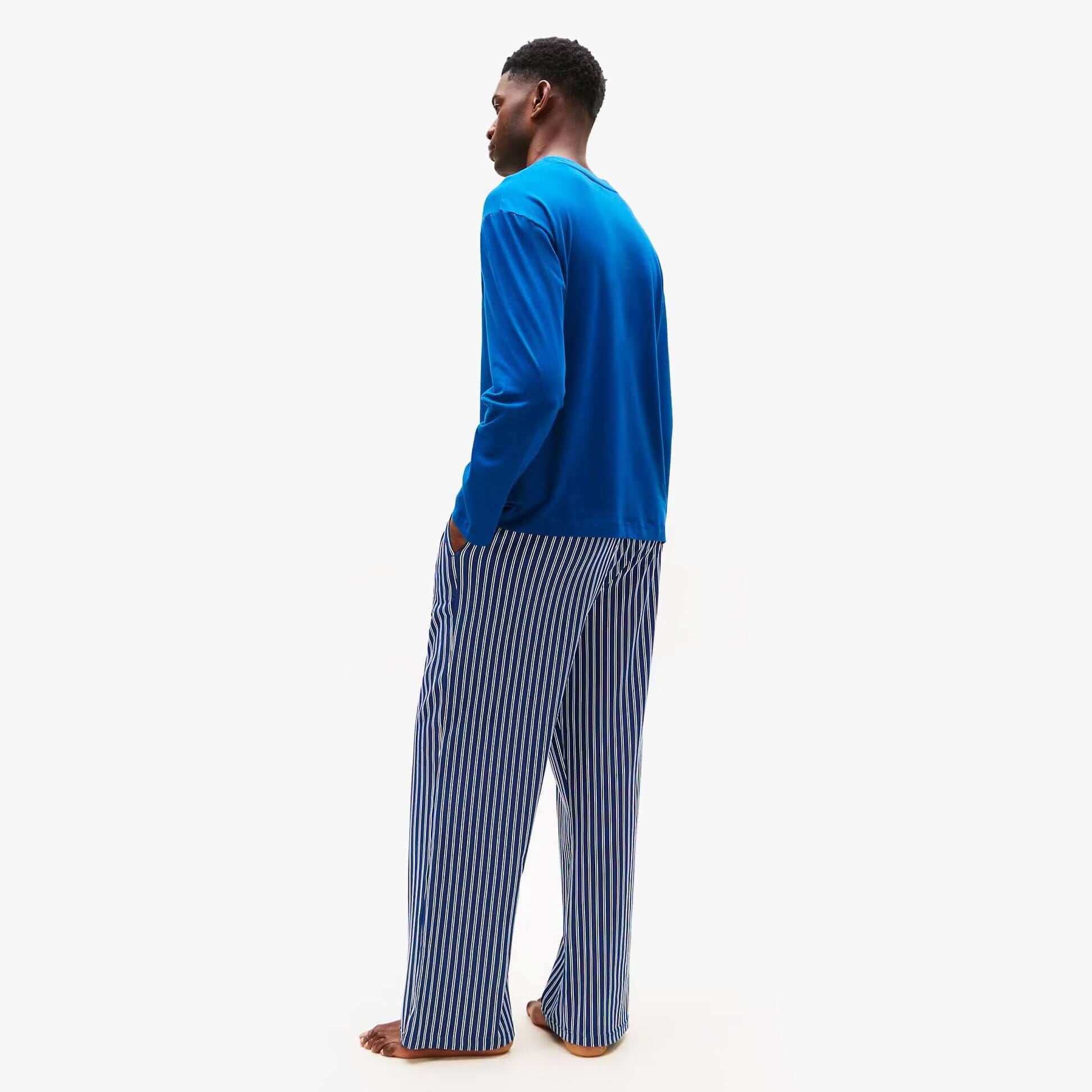 Tommy Hilfiger JERSEY PJ SET Mens Set Multicoloured, back view, long sleeve top with striped pants, casual loungewear.