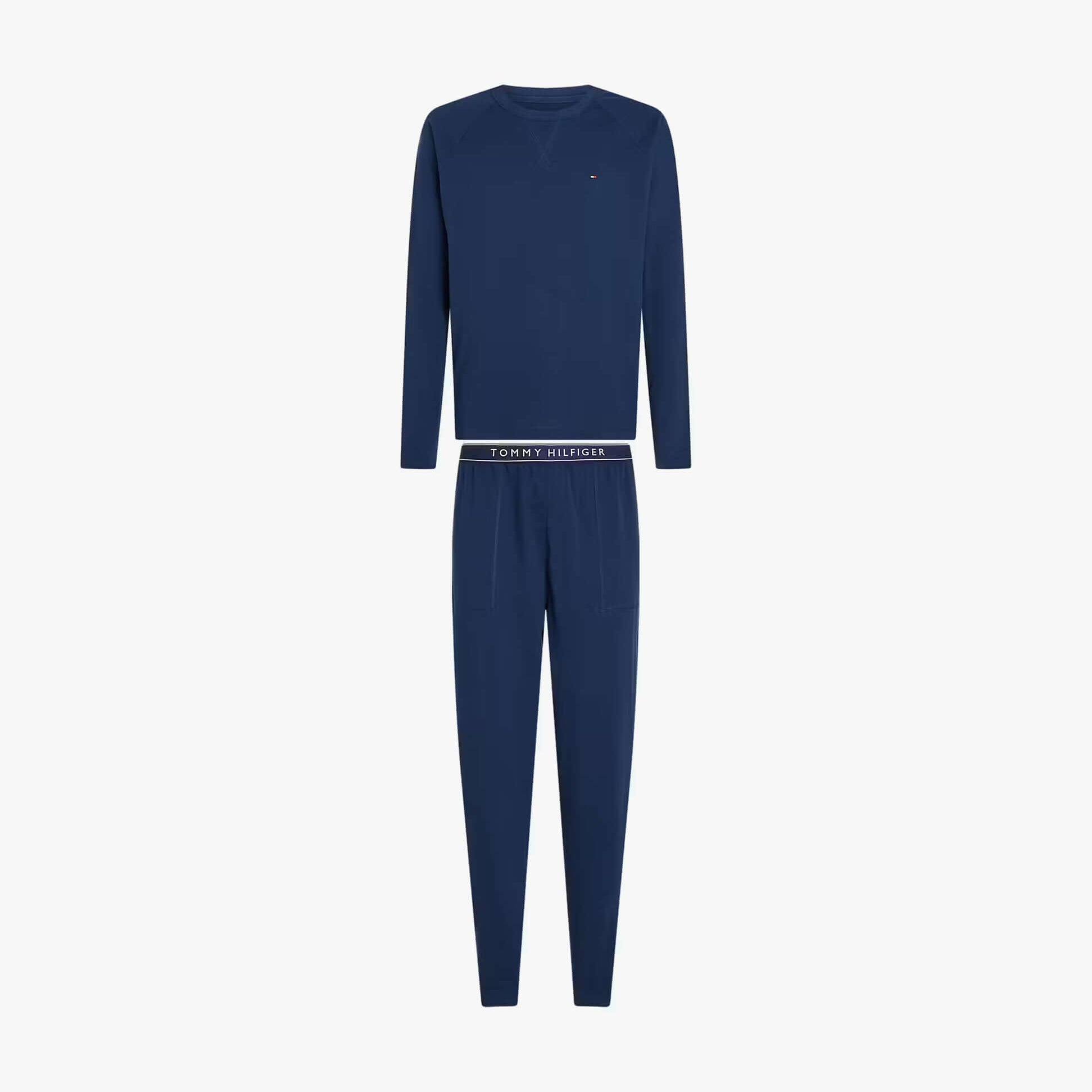 Tommy Hilfiger JERSEY PJ SET CUF Mens Set Navy front view showing long sleeve top and pants.